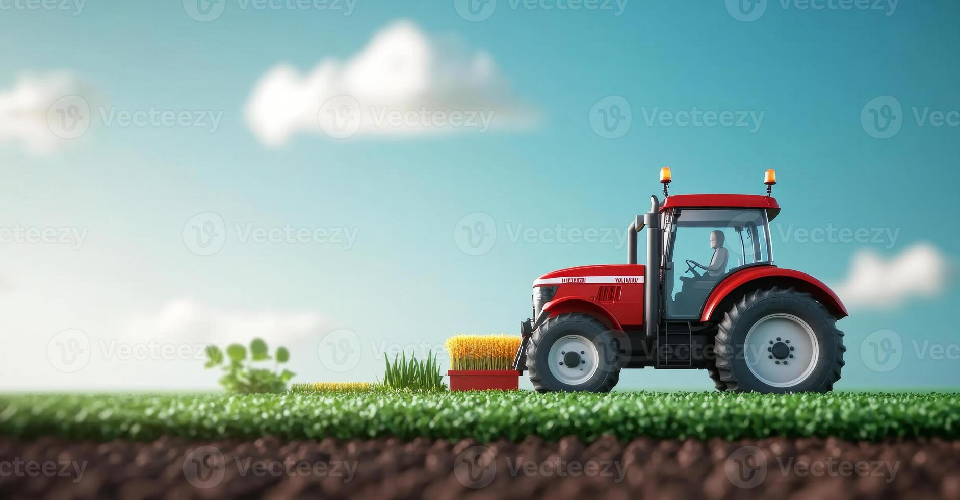 A red tractor plows through a vibrant green field, showcasing advanced farming techniques. The sun shines brightly above, creating a perfect atmosphere for agricultural work on a smart farm. photo