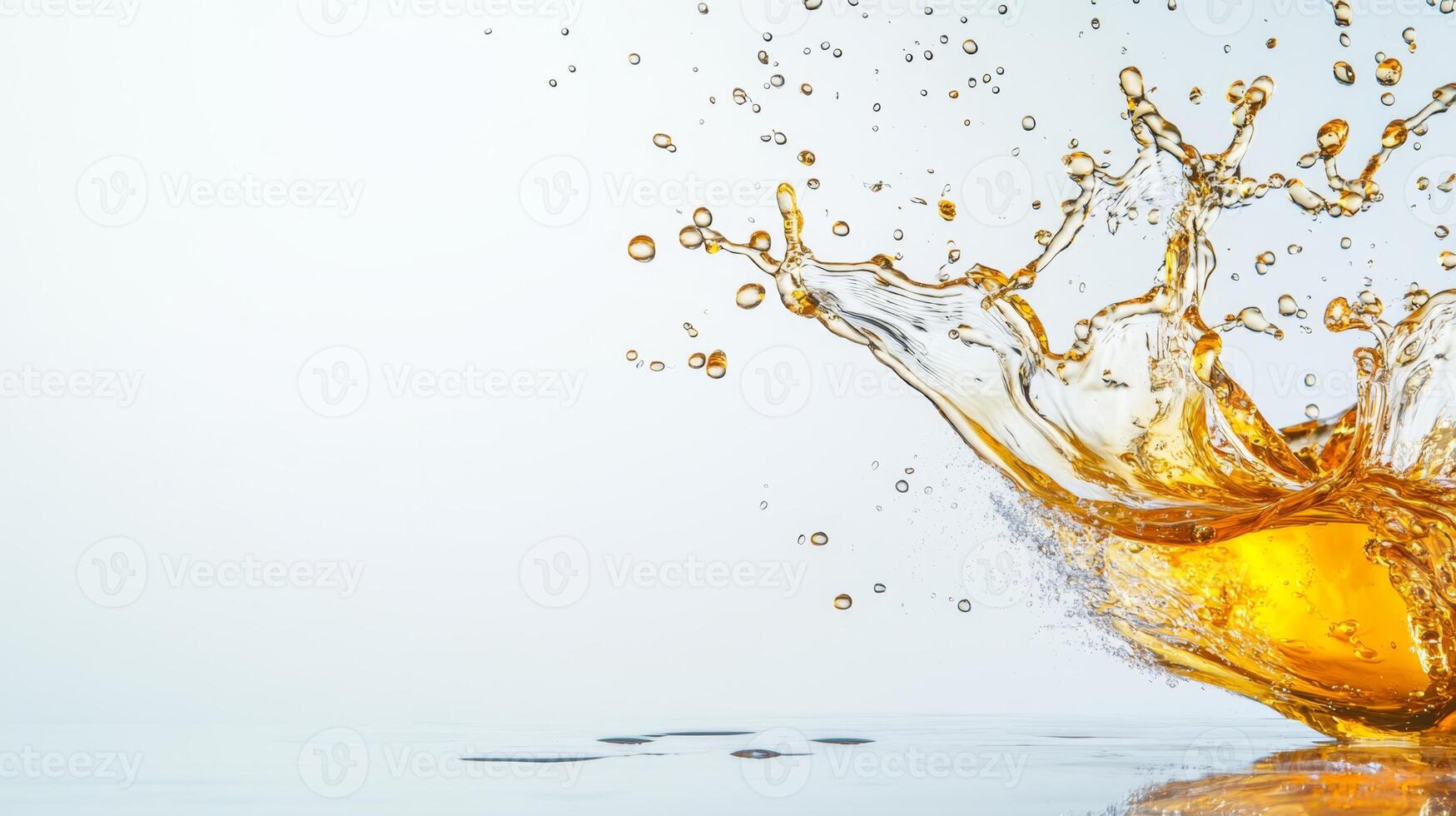 Golden honey splashes in a captivating display of liquid dynamics, creating a beautiful interplay of light and reflections on a smooth surface during a well-lit moment. photo