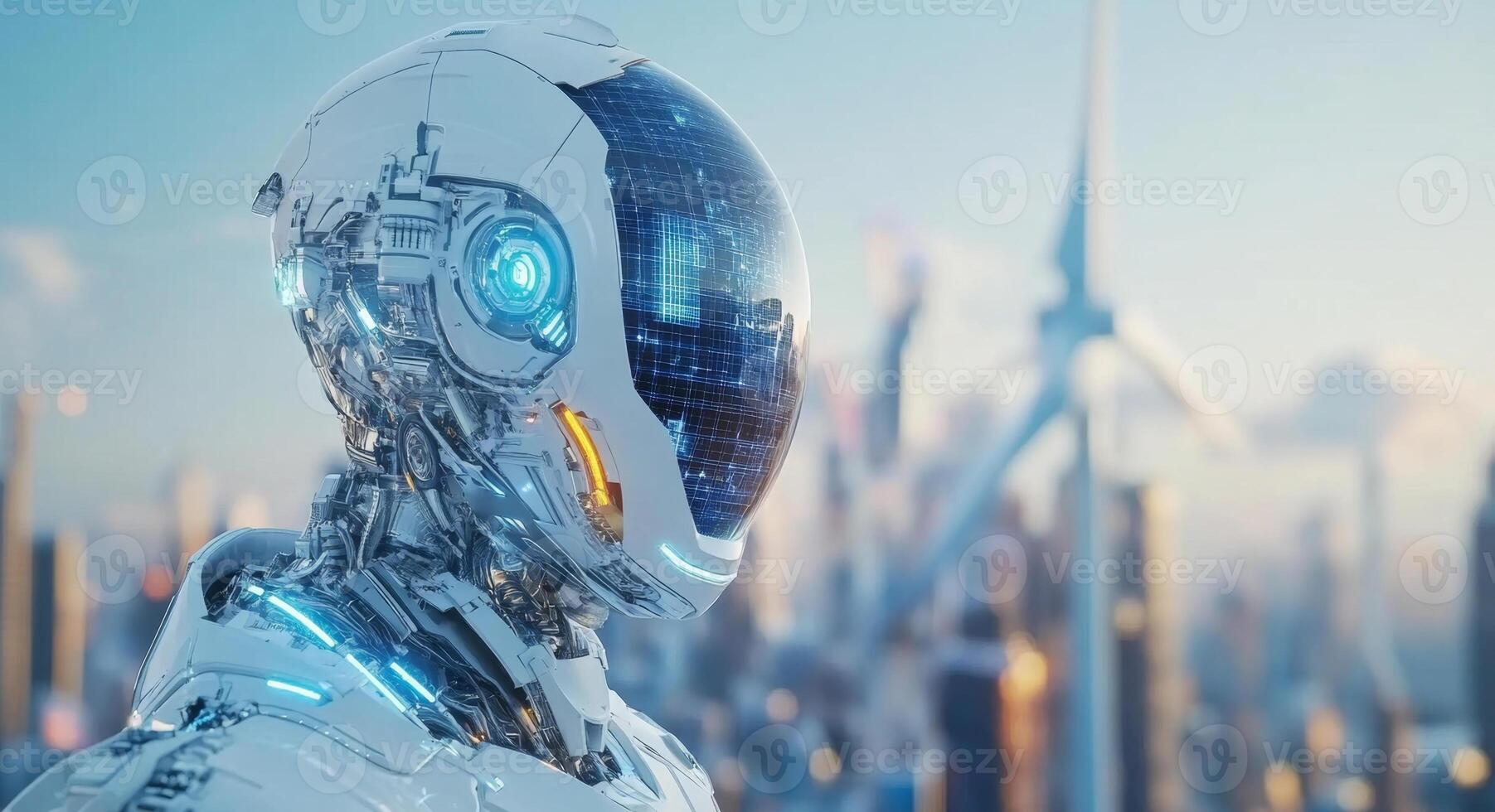 A sleek robot stands in a vibrant cityscape filled with wind turbines and solar panels. The sun shines brightly, highlighting renewable energy solutions visible in the urban environment. photo