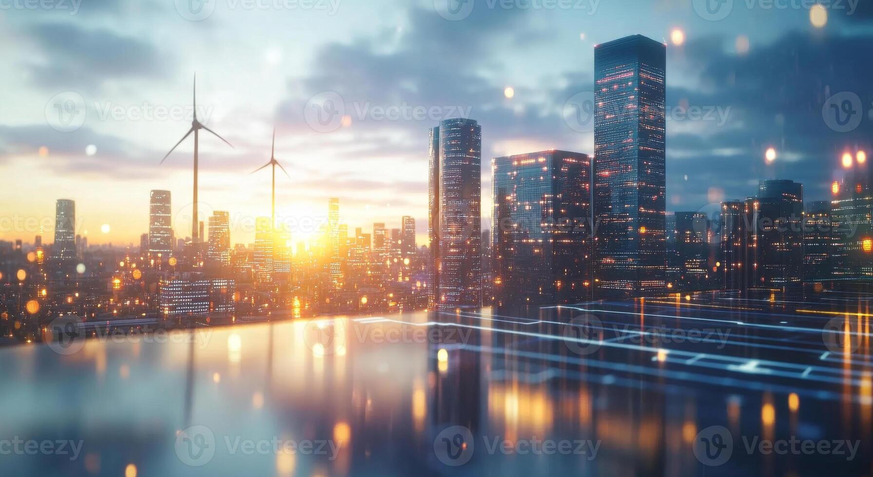 As the sun sets, the urban skyline glimmers with skyscrapers while wind turbines spin in the background. The scene highlights renewable energy intersecting with modern city life. photo