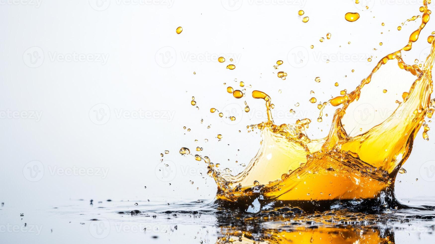 Golden honey splashes across a smooth surface, sending droplets flying in all directions. The vibrant liquid catches light, creating a striking visual display of texture and movement. photo