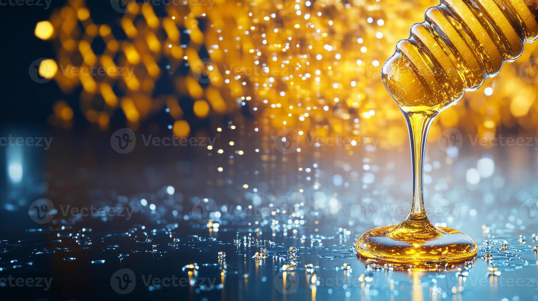 A jar of honey is tilted, allowing the sticky golden liquid to drip into a clear pool. The background shimmers with soft lights, highlighting the sweetness of organic beekeeping products. photo