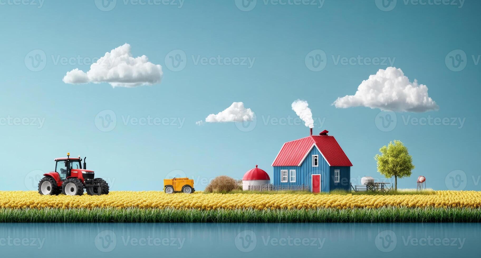 Bright fields showcase the fusion of traditional farming and smart technology. A red tractor and yellow vehicle work alongside a charming blue house under a clear blue sky and fluffy clouds. photo