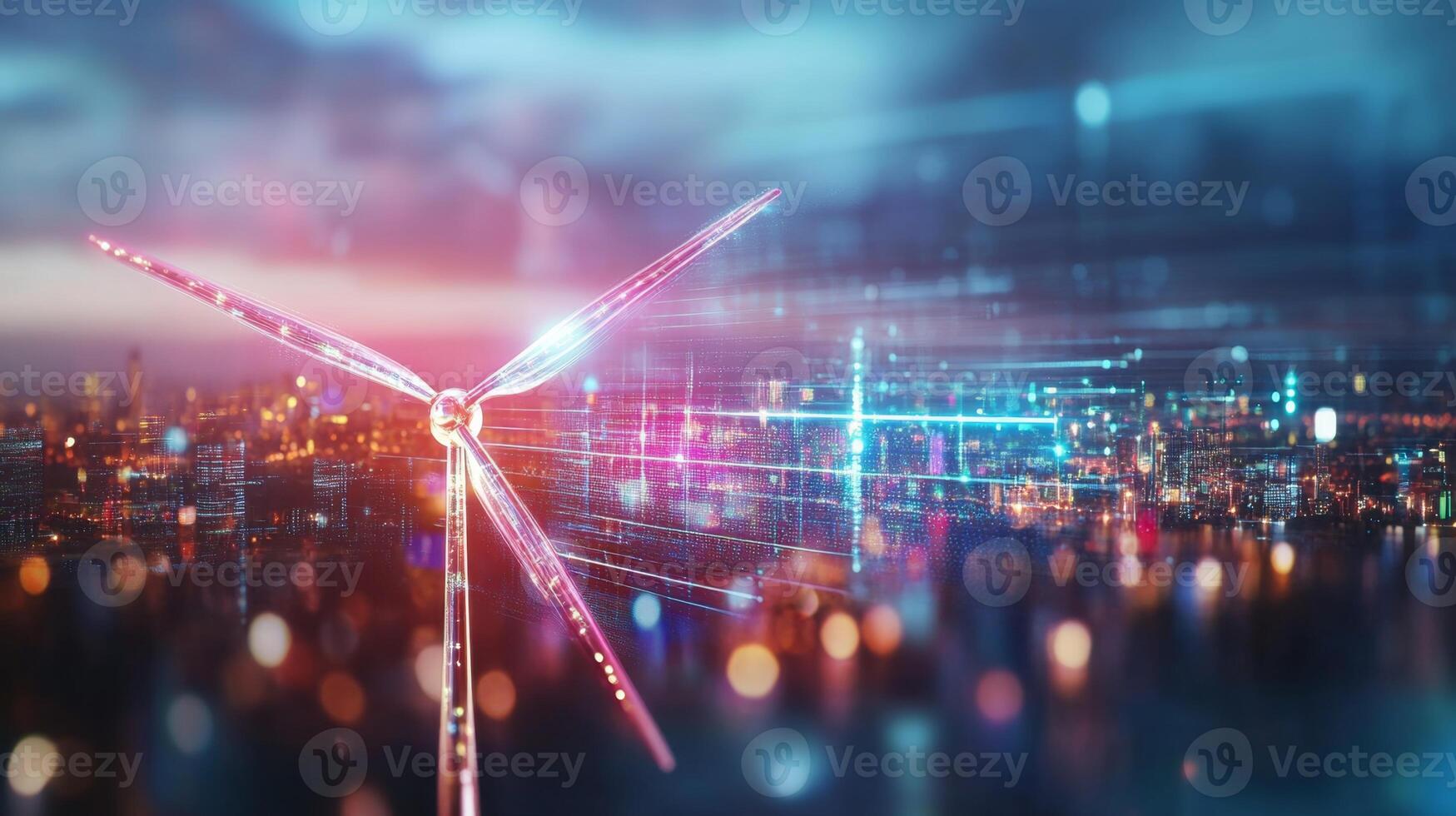 A wind turbine captures energy as the sun sets behind a bustling urban landscape. Colorful lights illuminate the skyline, creating a stunning display of renewable energy and innovation. photo