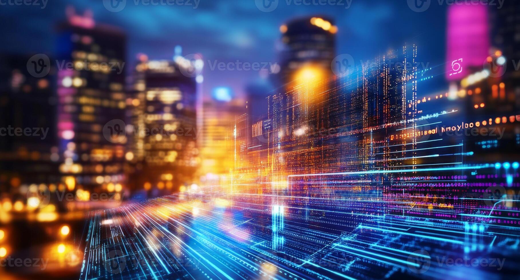 Bright city lights illuminate a bustling urban skyline while digital patterns overlay the scene. photo