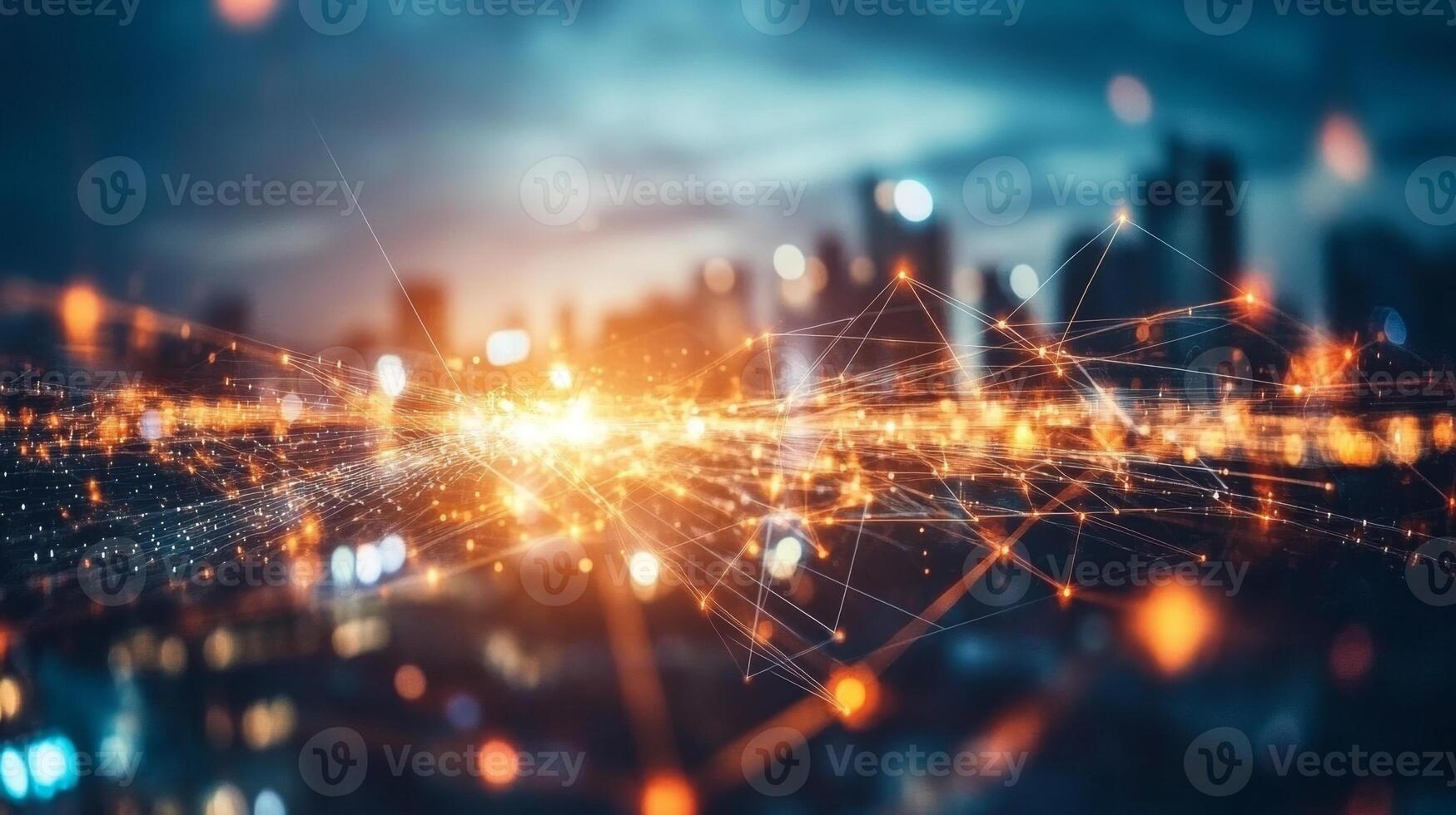 An urban skyline illuminated by vibrant energy flows interacts with the setting sun, demonstrating a blend of ecology and innovation. The atmosphere highlights advancements in sustainable energy. photo