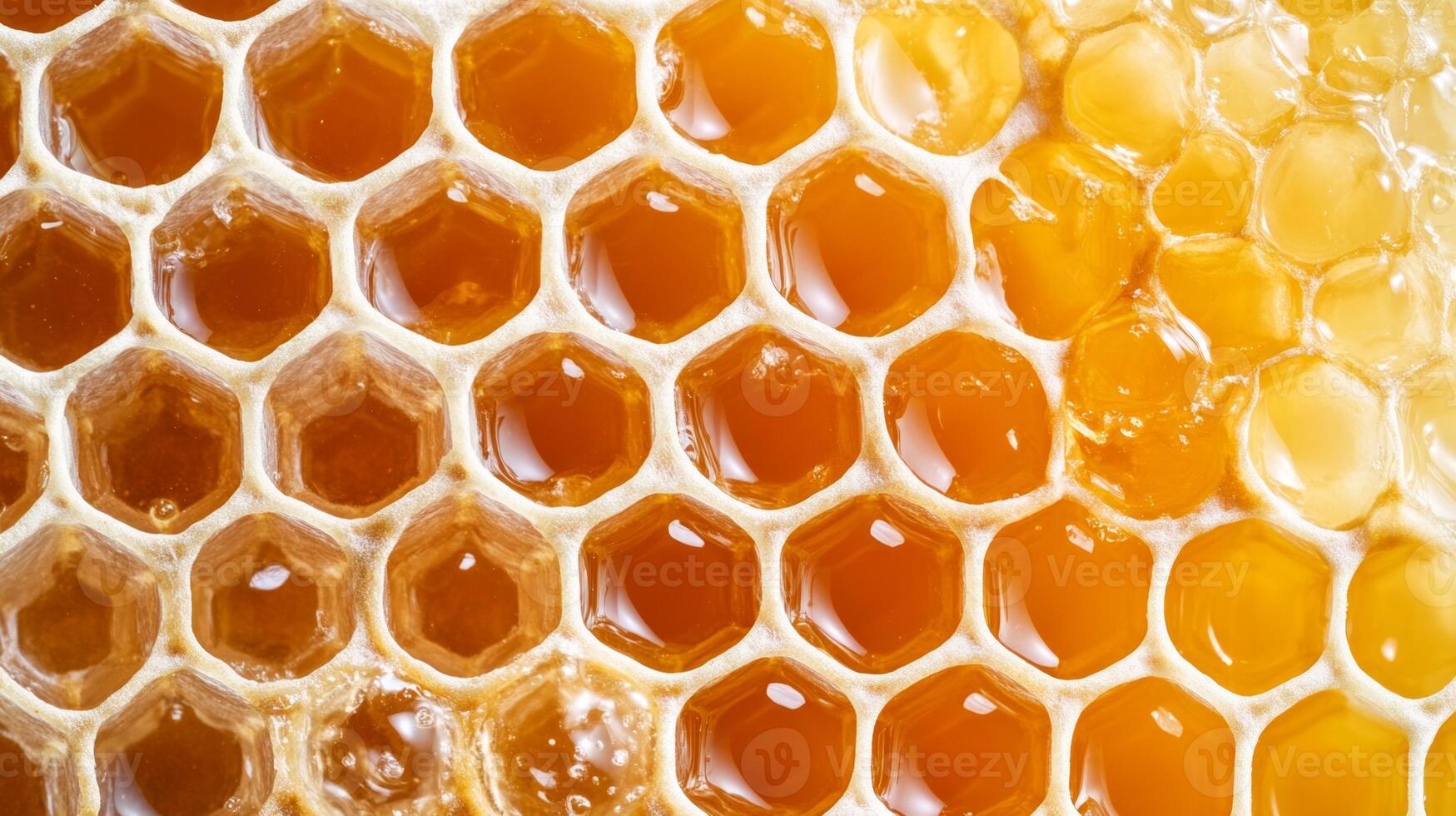 A close view reveals hexagonal honeycomb cells brimming with rich golden honey. This organic product exemplifies sustainable beekeeping practices in a natural setting, showcasing nature's sweetness. photo
