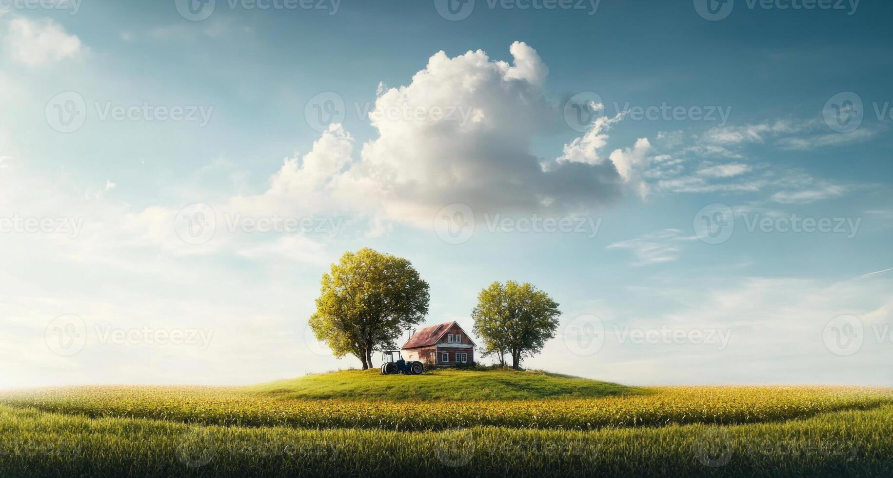 Innovative farming is transforming the landscape, featuring lush fields and a charming farmhouse under a bright sky, highlighting the impact of sustainable agriculture on rural life. photo