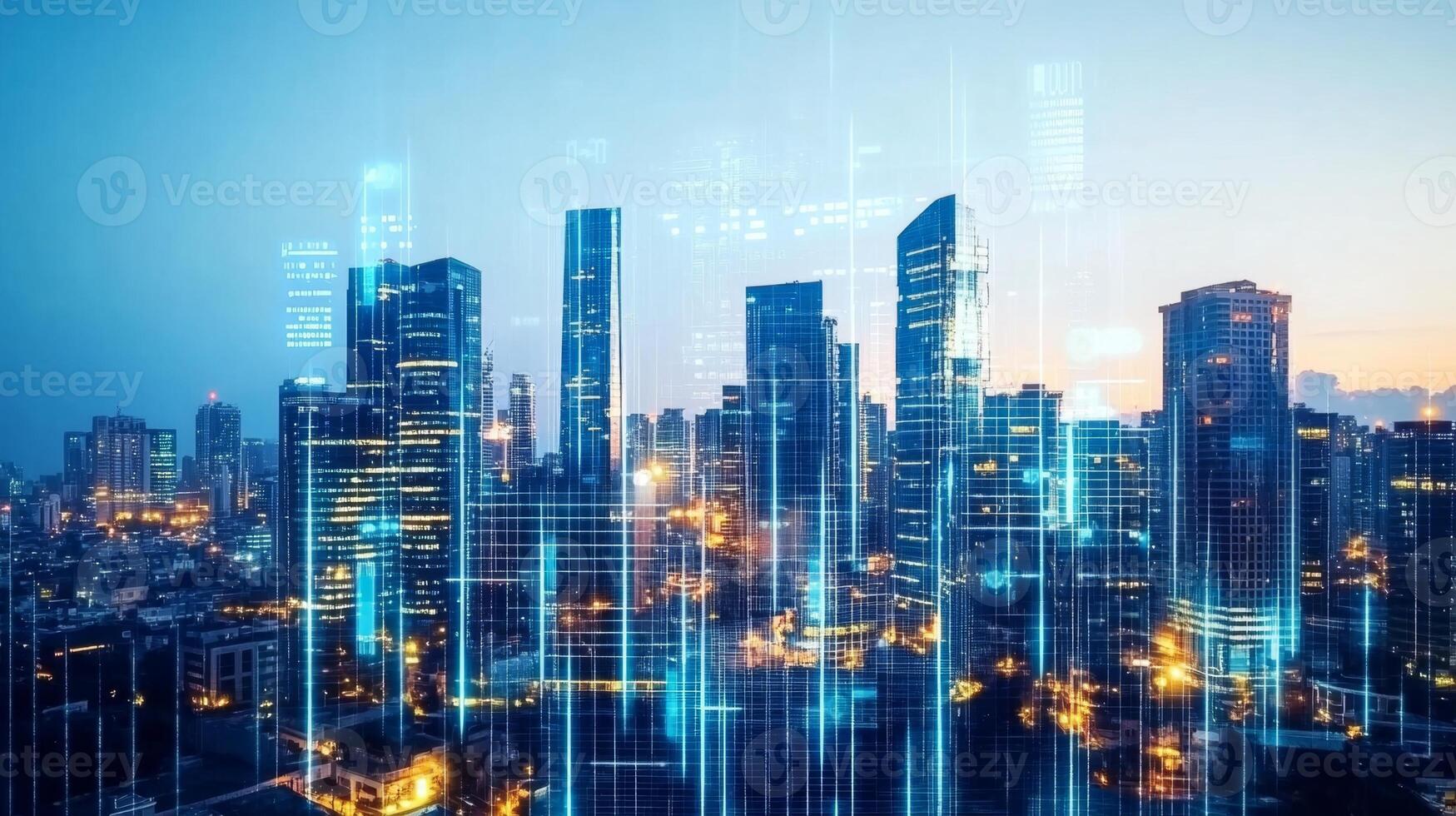 A vibrant urban skyline at dusk filled with modern skyscrapers reflects advancements in ecology and energy. Solar panels are visible, highlighting the city's commitment to sustainable practices. photo