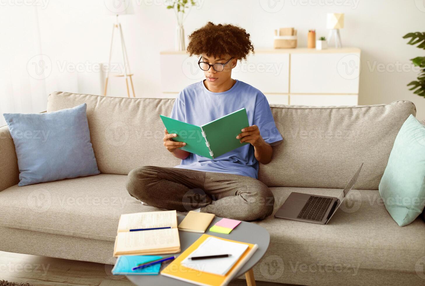 Full length of focused black teenager reading notebook, sitting on sofa with laptop and study materials, learning remotely from home. African American teen guy getting ready for online test or exam photo