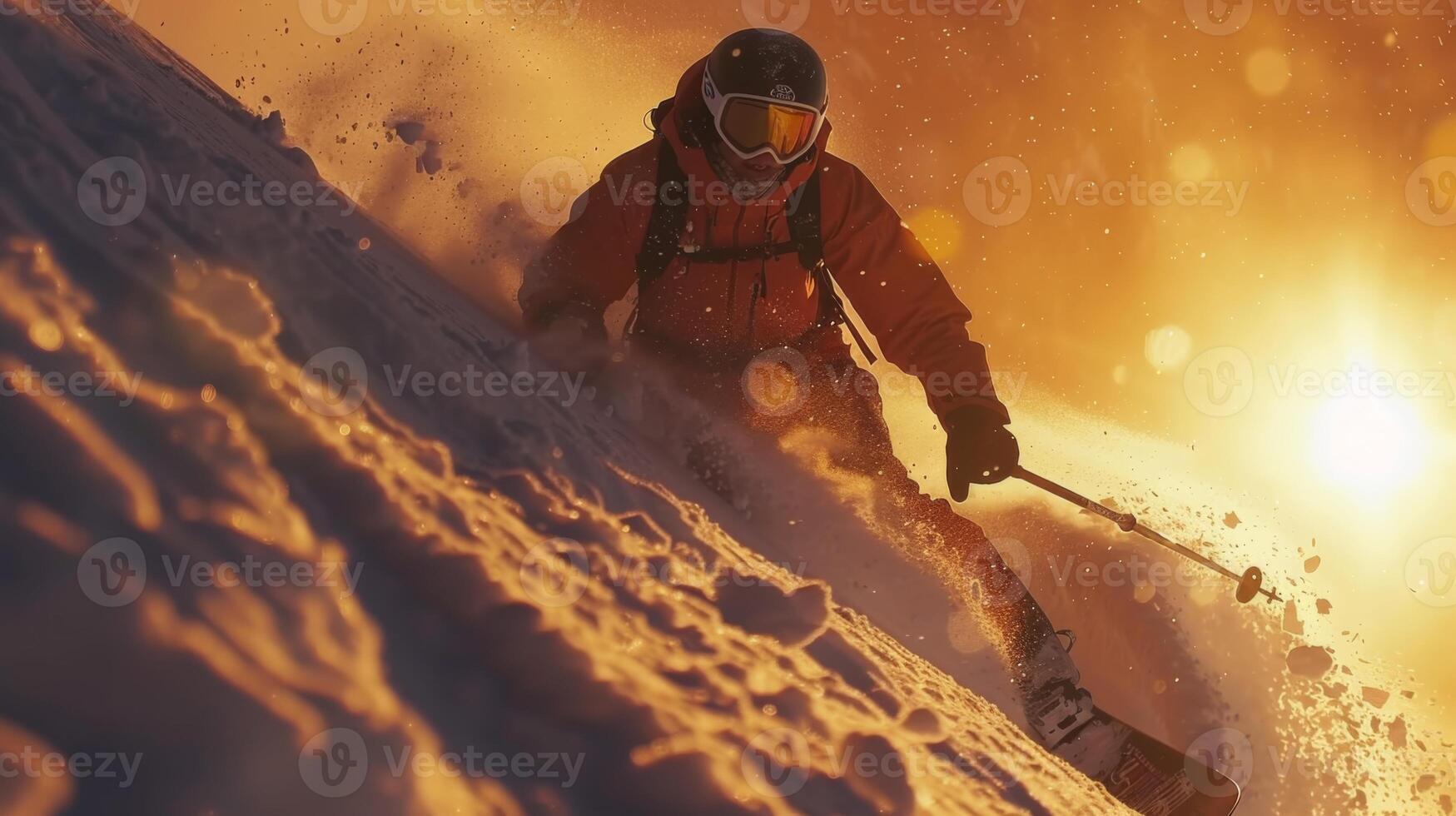 A skier navigates through powdery snow on a mountain slope as the sun sets, illuminating the scene with warm, golden hues and creating a thrilling atmosphere. photo