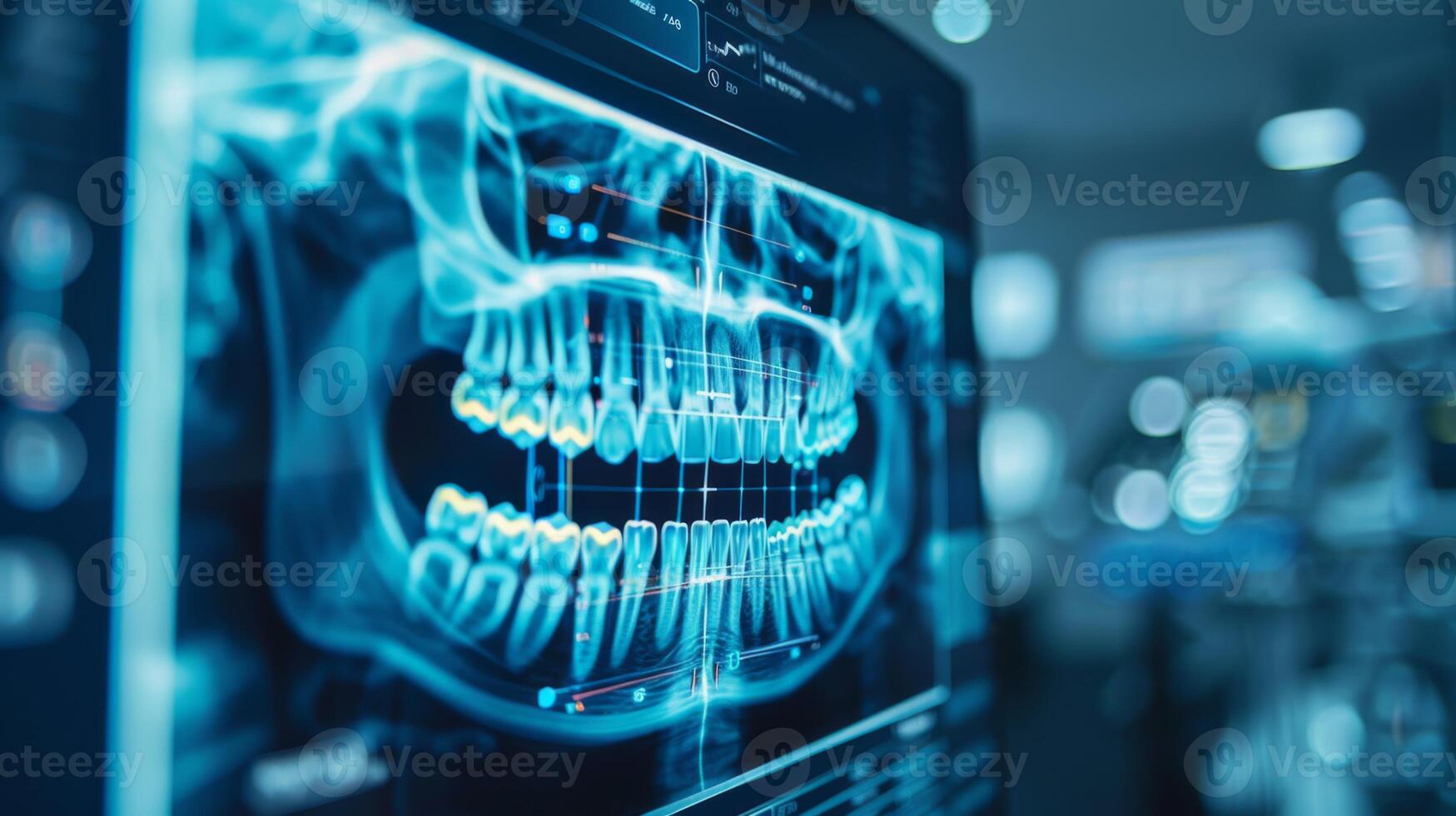 A dental x ray reveals the alignment and condition of teeth and jaw, taken in a contemporary clinic. The image aids in diagnosing oral health during a patient check up. photo