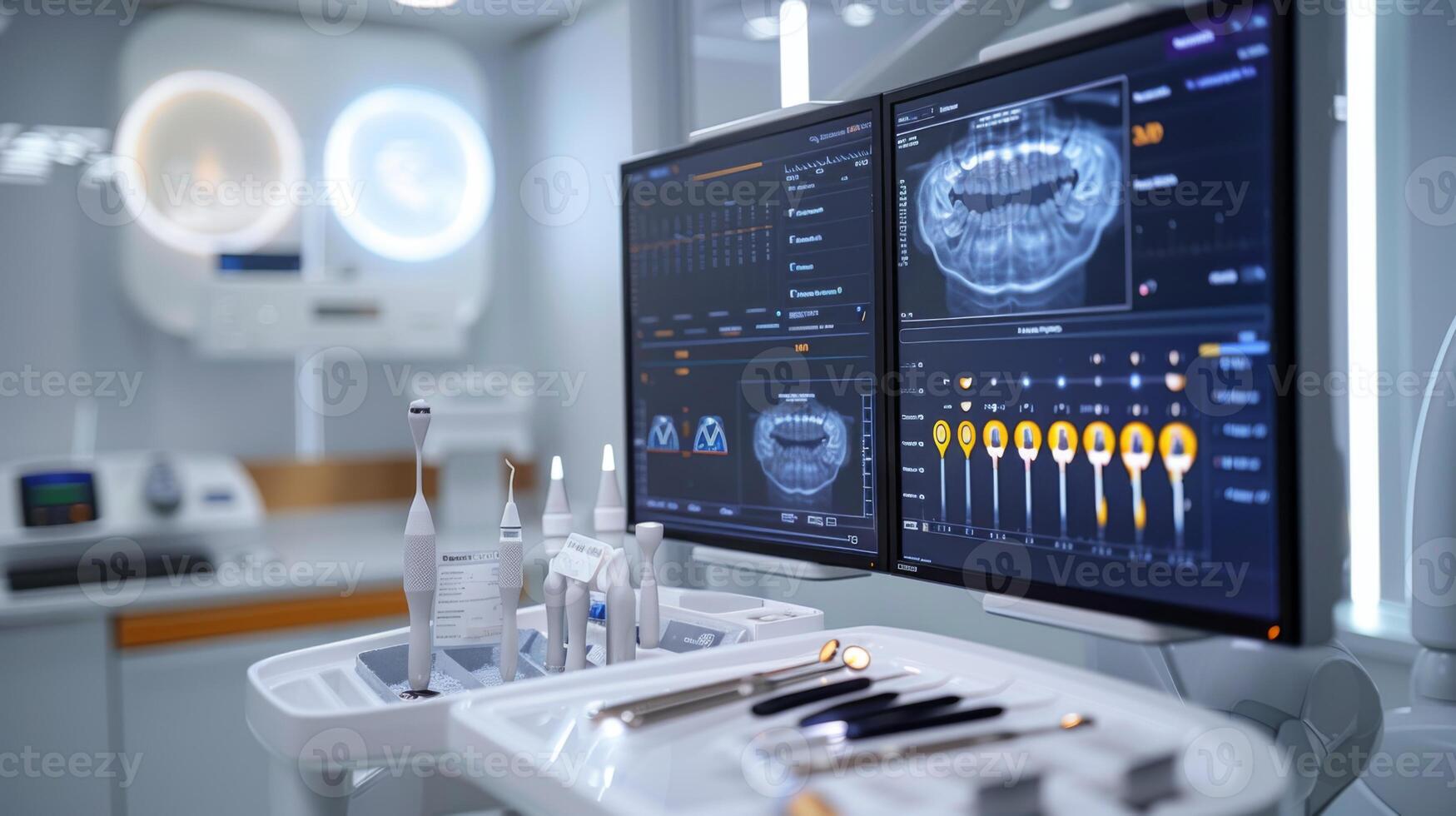 Modern dental clinic featuring two large screens displaying patient dental scans and treatment options, with organized tools and products arranged on a clean workspace. photo