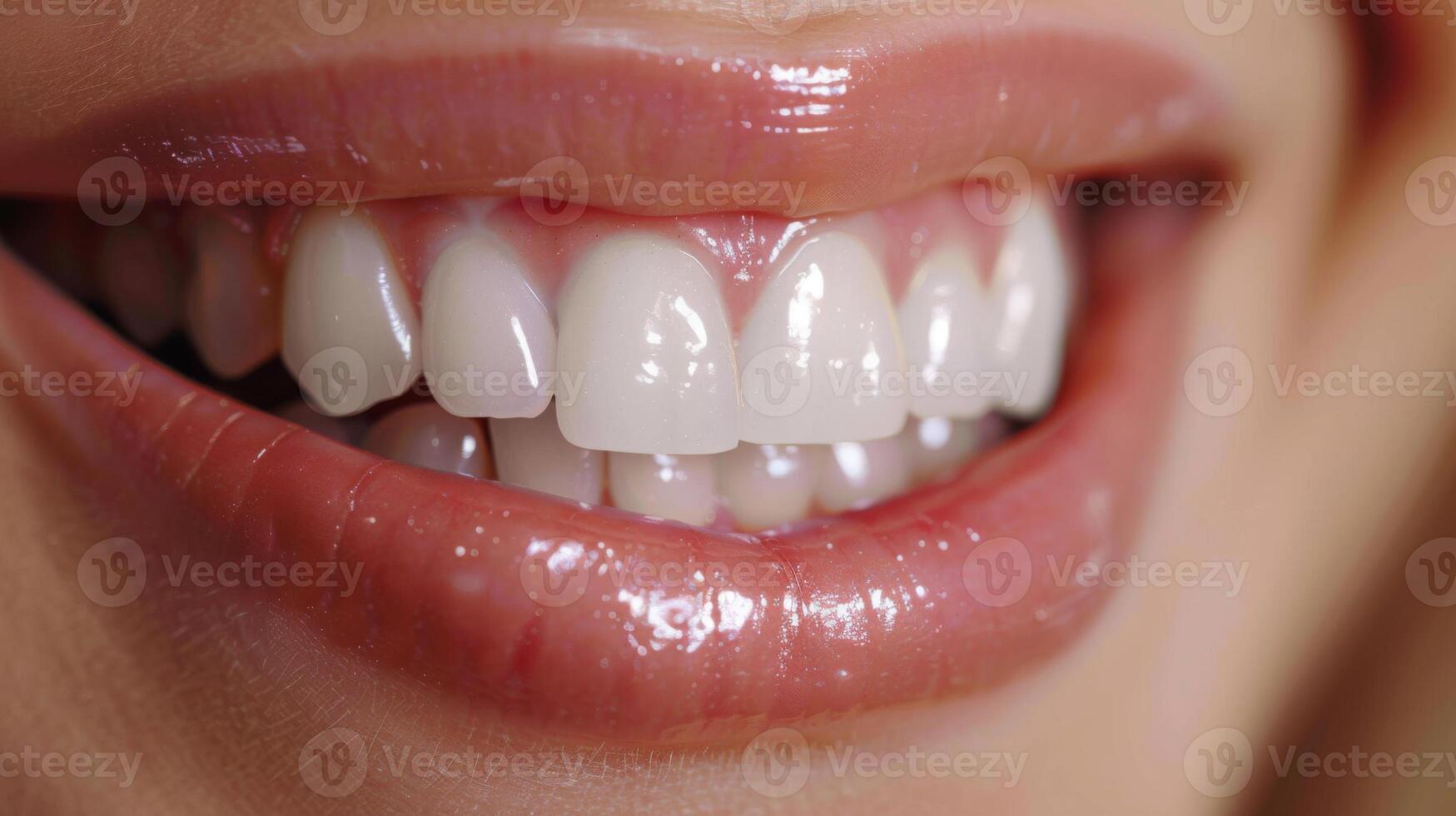 A close up view of a vibrant smile featuring well maintained white teeth and glossy lips, reflecting a sense of happiness and dental care in bright lighting. photo
