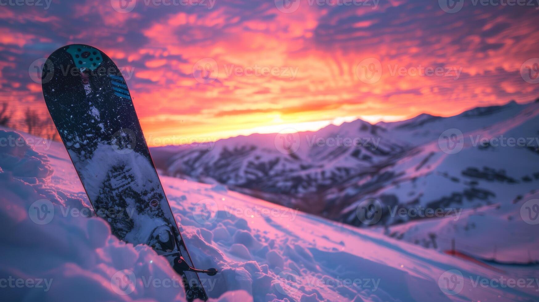 A vibrant sunset paints the sky with shades of orange and purple, while a snowboard lies in the untouched snow on a mountain slope during winter months. photo