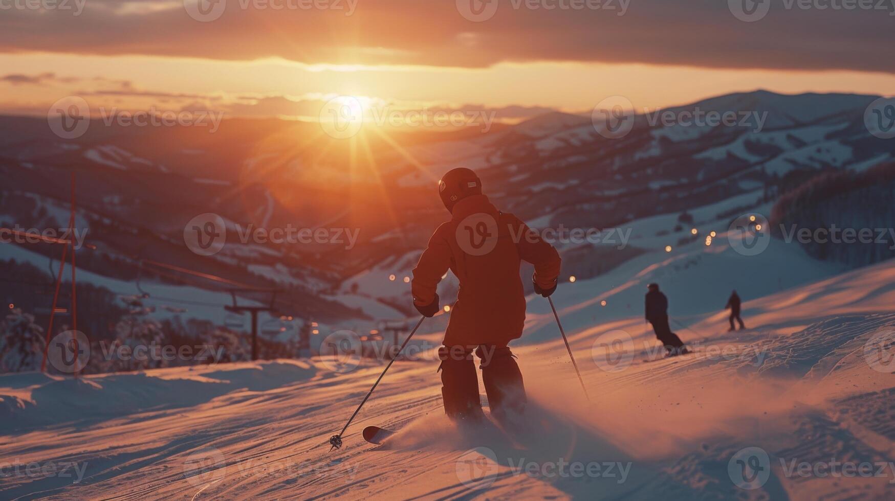 Skiers glide down a snow covered slope while enjoying the breathtaking view of a sunset over the mountains, creating an atmosphere of winter serenity and adventure. photo