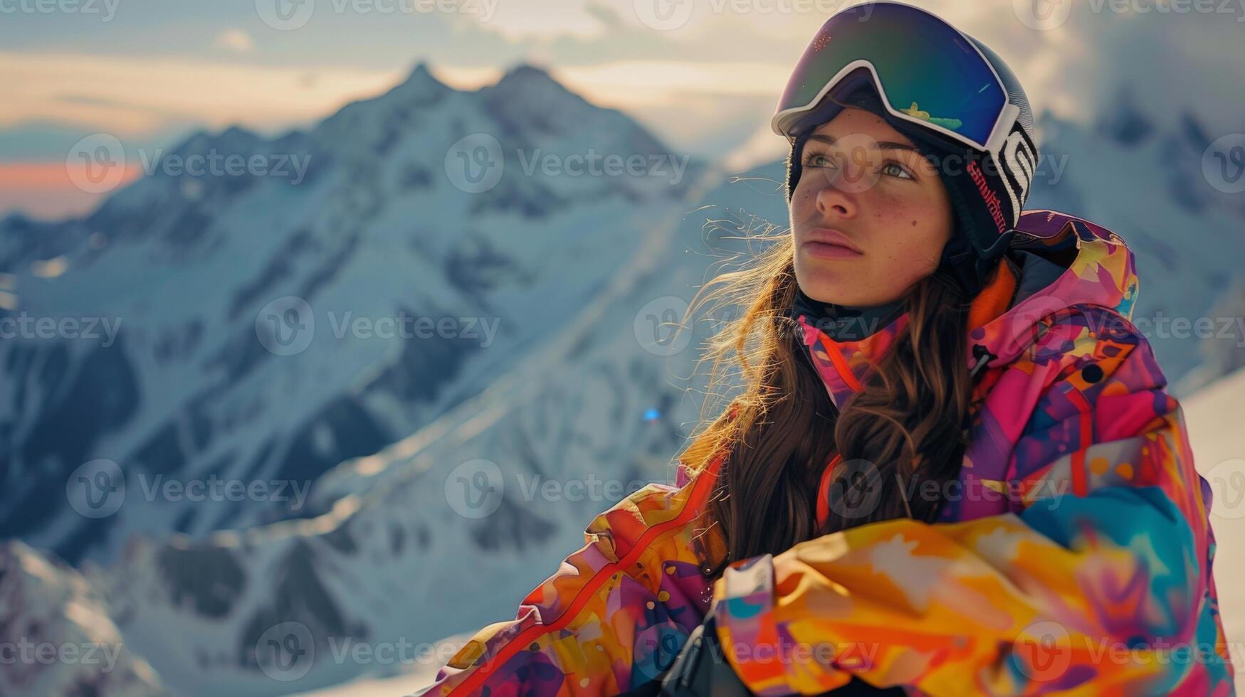A skier dressed in a vibrant jacket sits thoughtfully on a snowy slope, taking in the stunning sunset that casts a warm glow over majestic mountain ranges and a clear sky. photo
