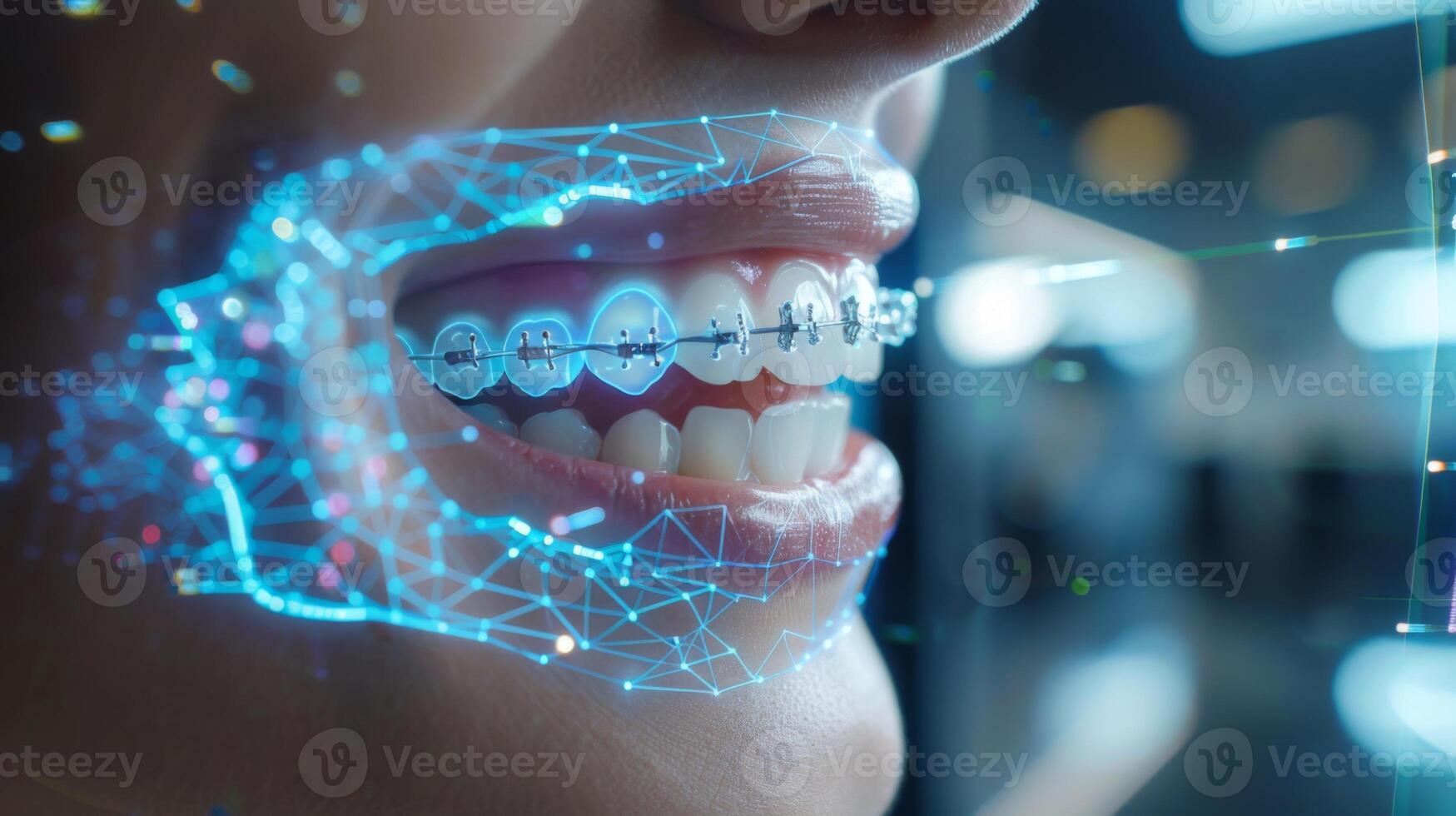 A close up of a person's mouth featuring orthodontic braces is augmented with digital graphics illustrating advanced dental technology and treatment planning. photo