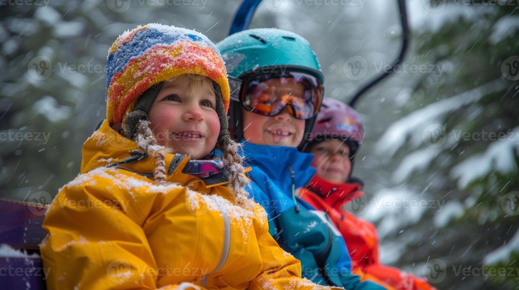 Happy kids smile while riding a ski lift surrounded by snow covered trees, enjoying their day on the slopes during a winter adventure. photo