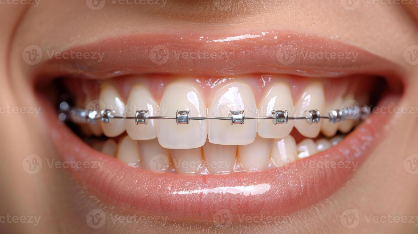 Person with braces smiles broadly, highlighting well aligned teeth. Natural light accentuates the dental work, emphasizing the joy of a confident smile. photo