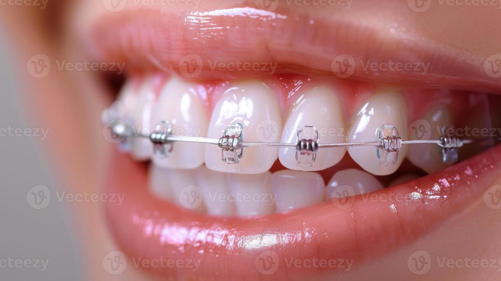 Close up view of a smile with metal braces, showcasing the brackets and wires that help in aligning teeth, enhancing confidence and dental health over time. photo