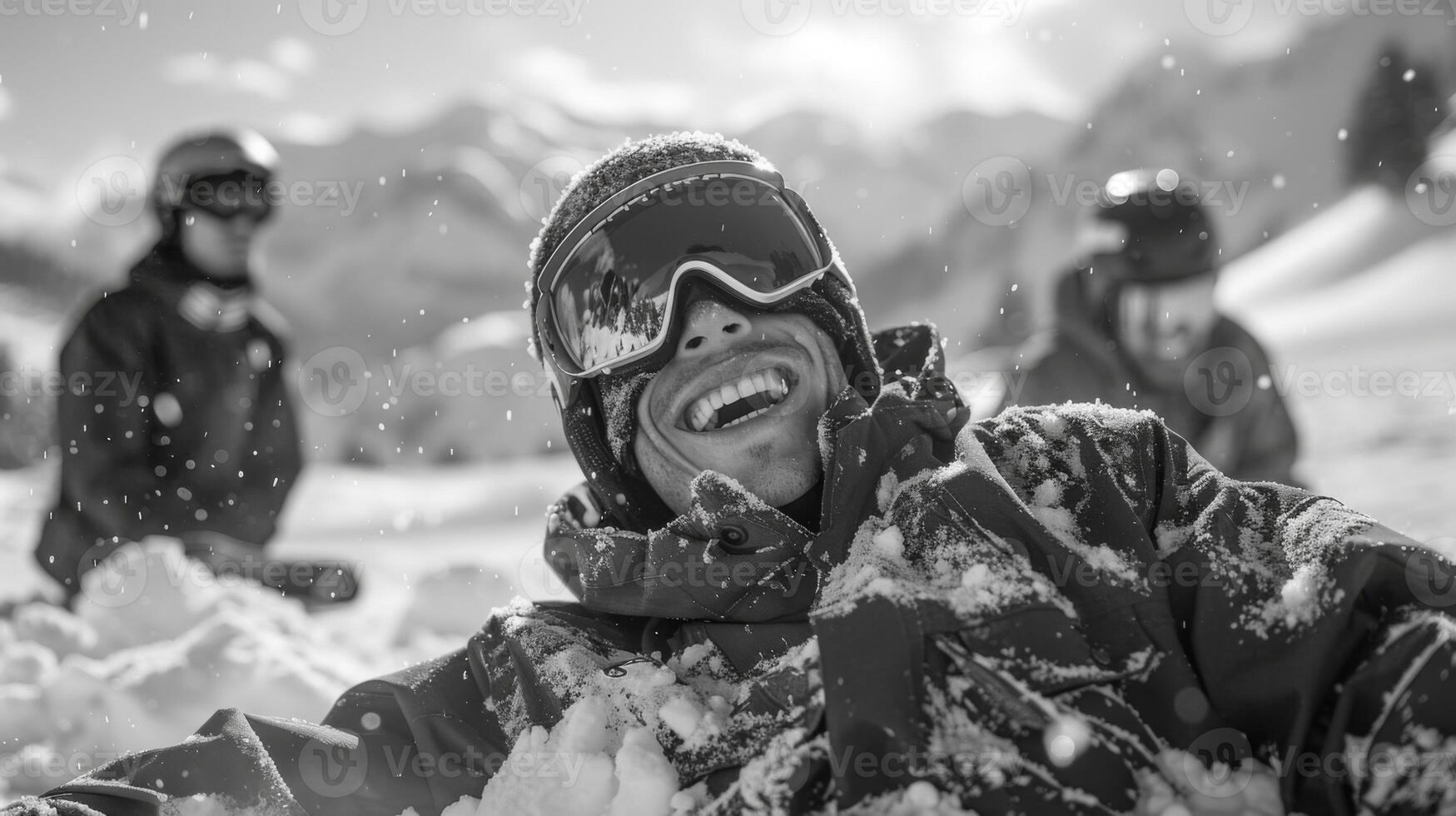 Group of friends playing in thick snow with laughter and smiles on a sunny winter day in a mountainous landscape, capturing the spirit of outdoor adventure and fun. photo