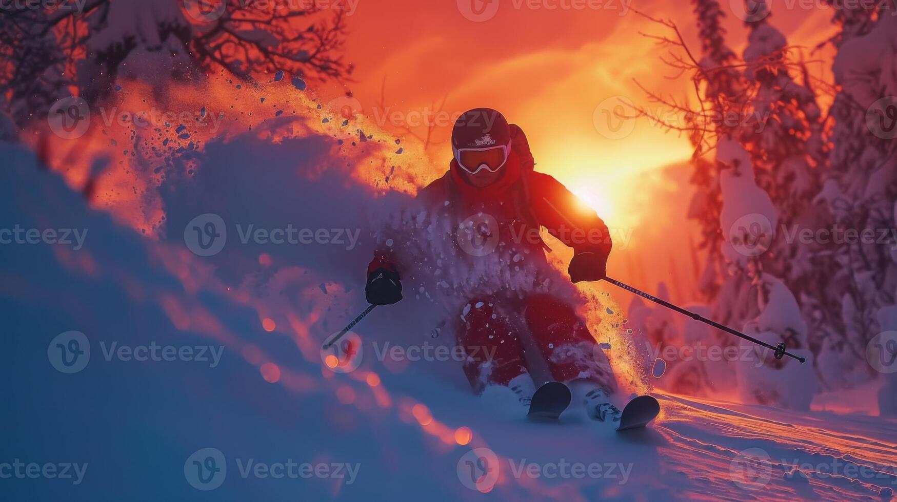 A skier carves through fresh powder snow as the bright orange sun sets in the background, creating a stunning contrast with the snowy landscape and trees. photo