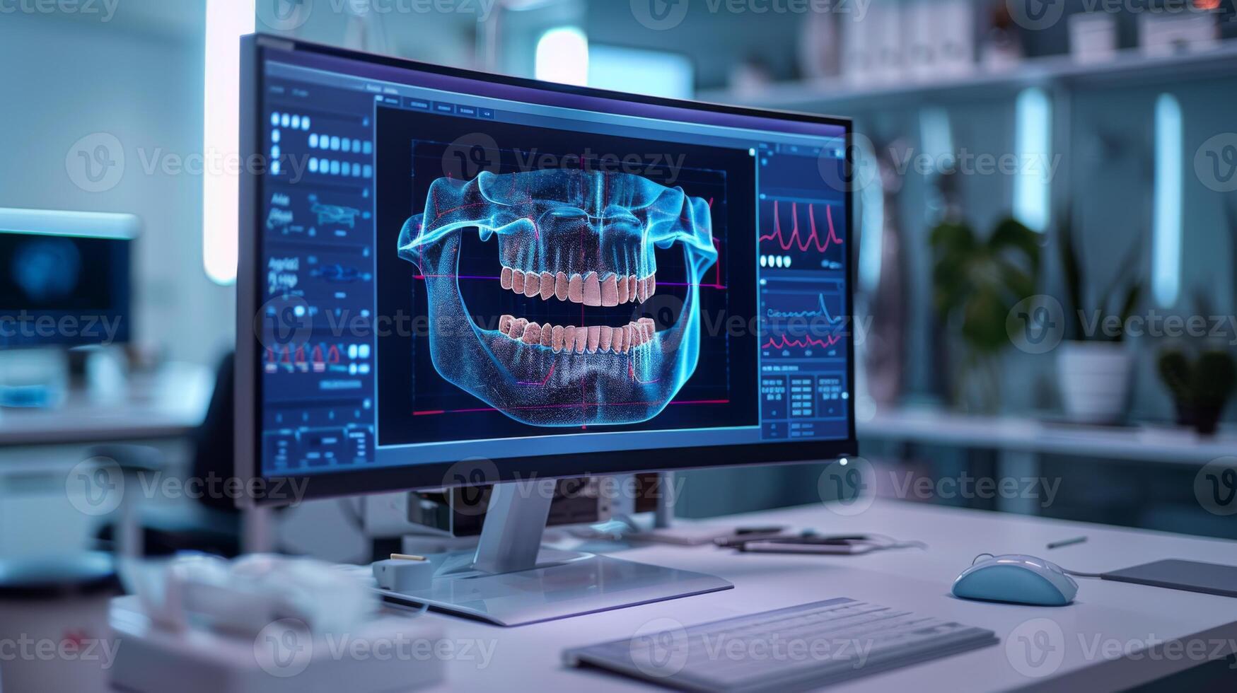 Exploring advanced dental imaging technology revealing a 3D representation of teeth and gums in a contemporary dental clinic environment. Medical equipment and tools surround the display. photo
