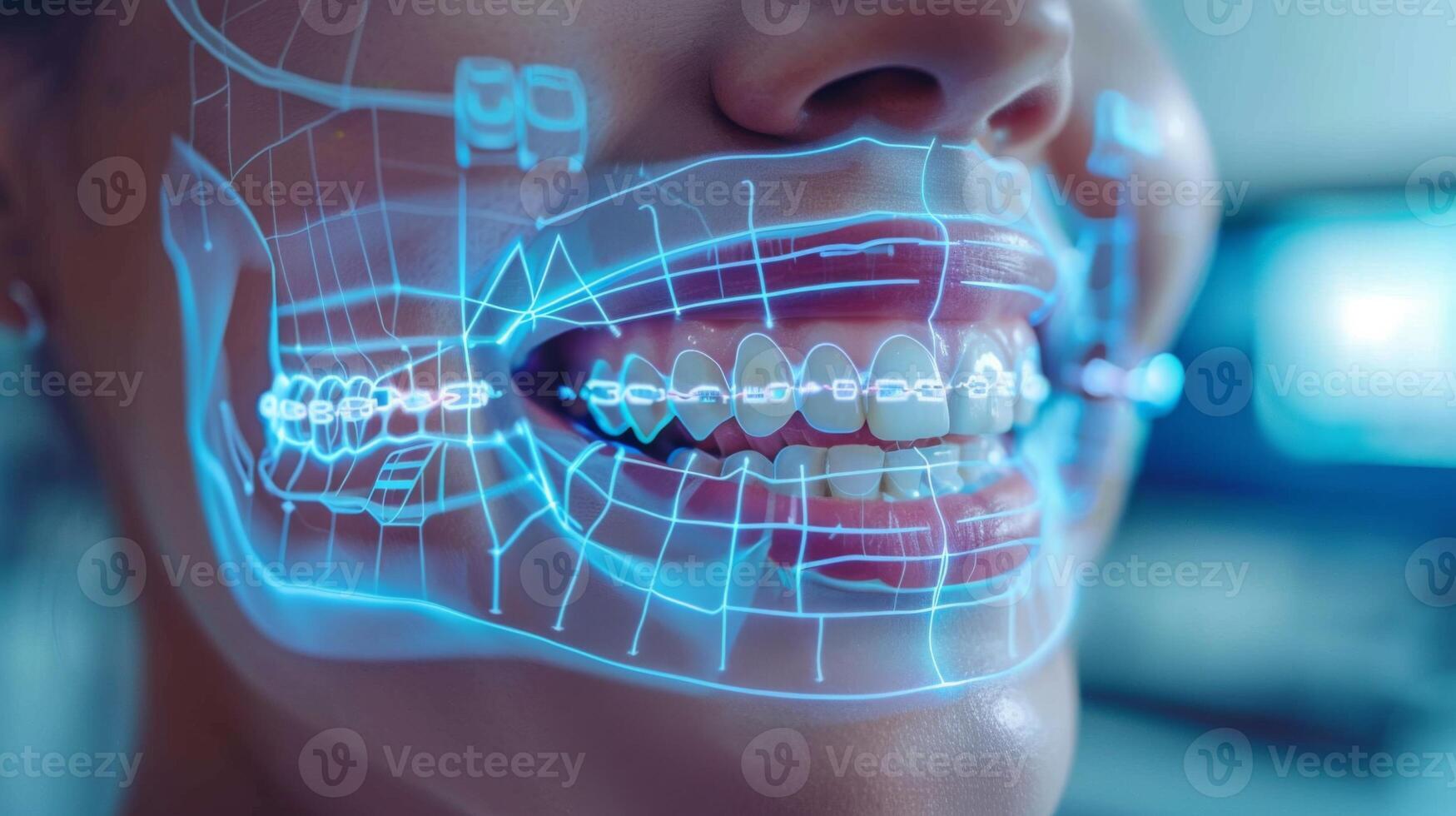 A person displays a bright smile while a digital overlay of braces and jaw structure is shown, indicating the use of innovative dental technology during a consultation in a clinic. photo
