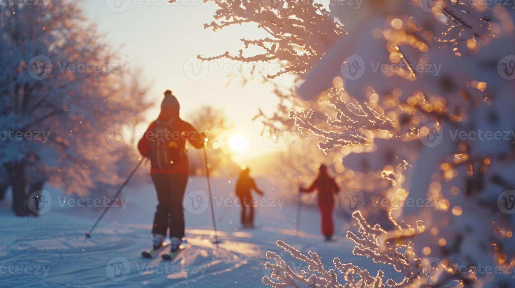 Skiers glide through a snow covered trail at sunset, surrounded by frost covered trees and a glowing orange sky. A serene winter atmosphere envelops the scene. photo