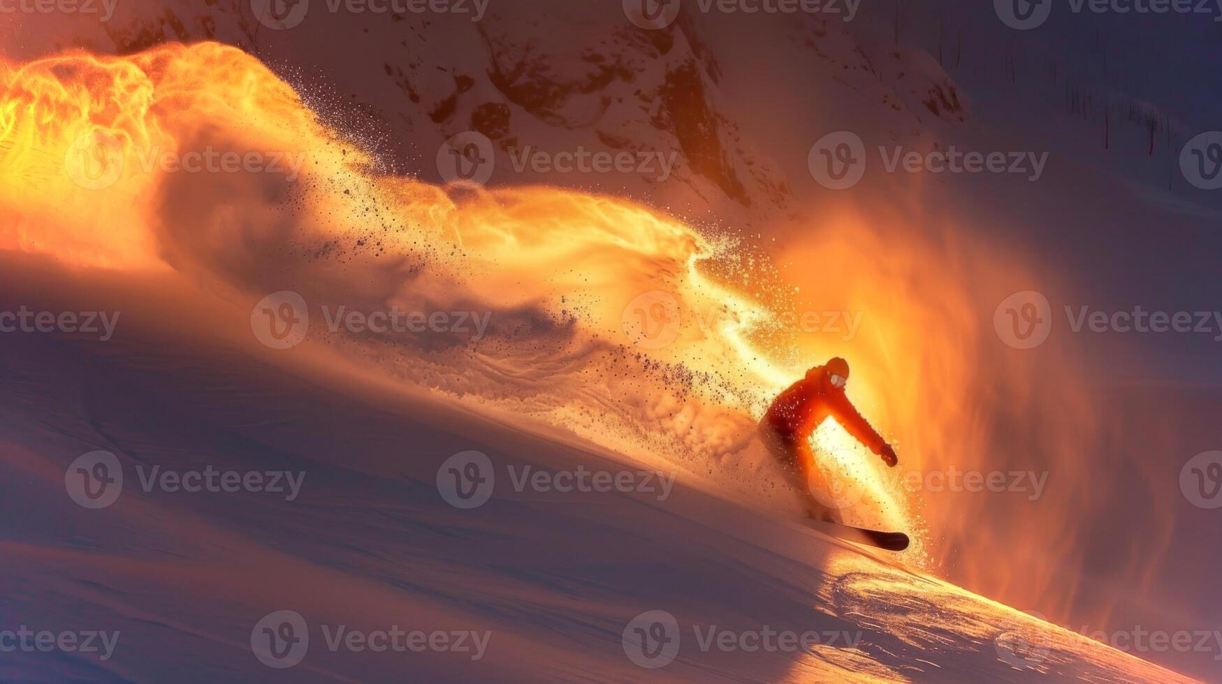 A skier glides down a snow covered slope during dusk, leaving behind a trail of vibrant snow spray that resembles flames, set against a dramatic mountain background. photo