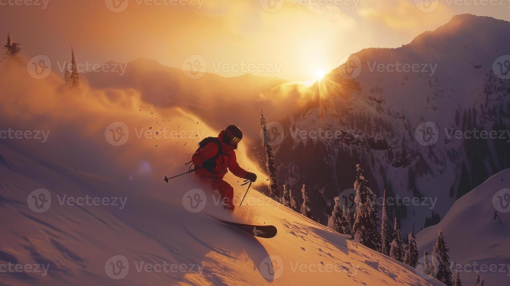 A skier expertly maneuvers through deep snow on a mountainous slope as the sun sets, casting a warm glow on the winter landscape and creating a magical atmosphere. photo