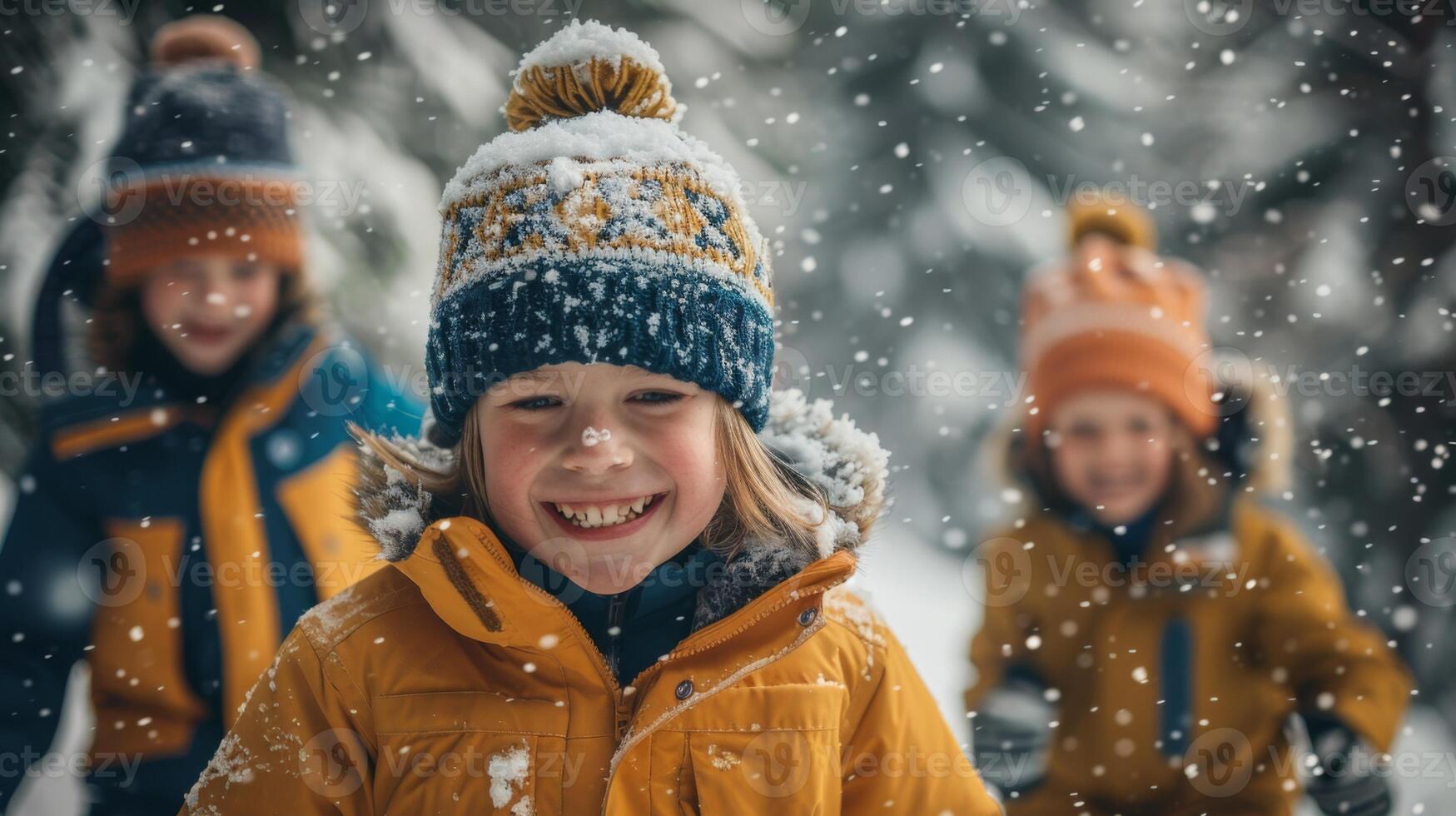 A group of children, bundled in warm winter clothing, enjoy playing together in a snowy forest. They are smiling and laughing, surrounded by gently falling snowflakes. photo