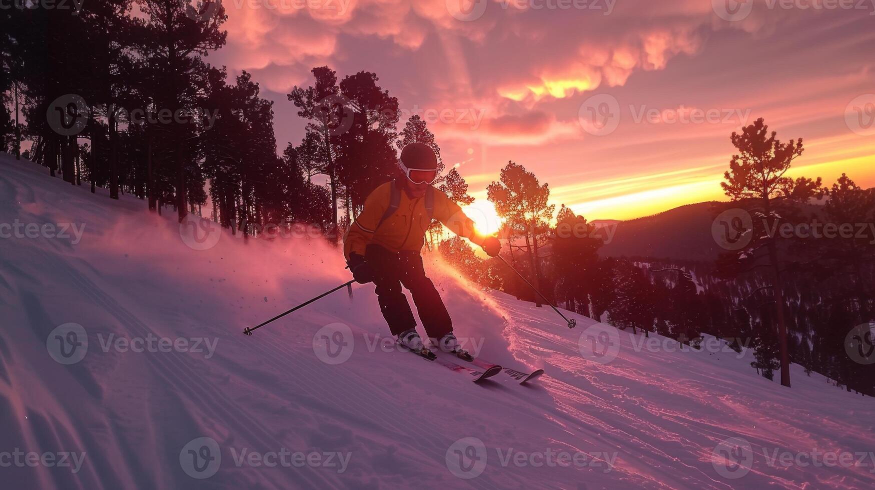 A skier gracefully descends a snowy slope as the sun sets, casting vibrant colors across the sky. Tall trees frame the beautiful scene, enhancing the winter landscape. photo