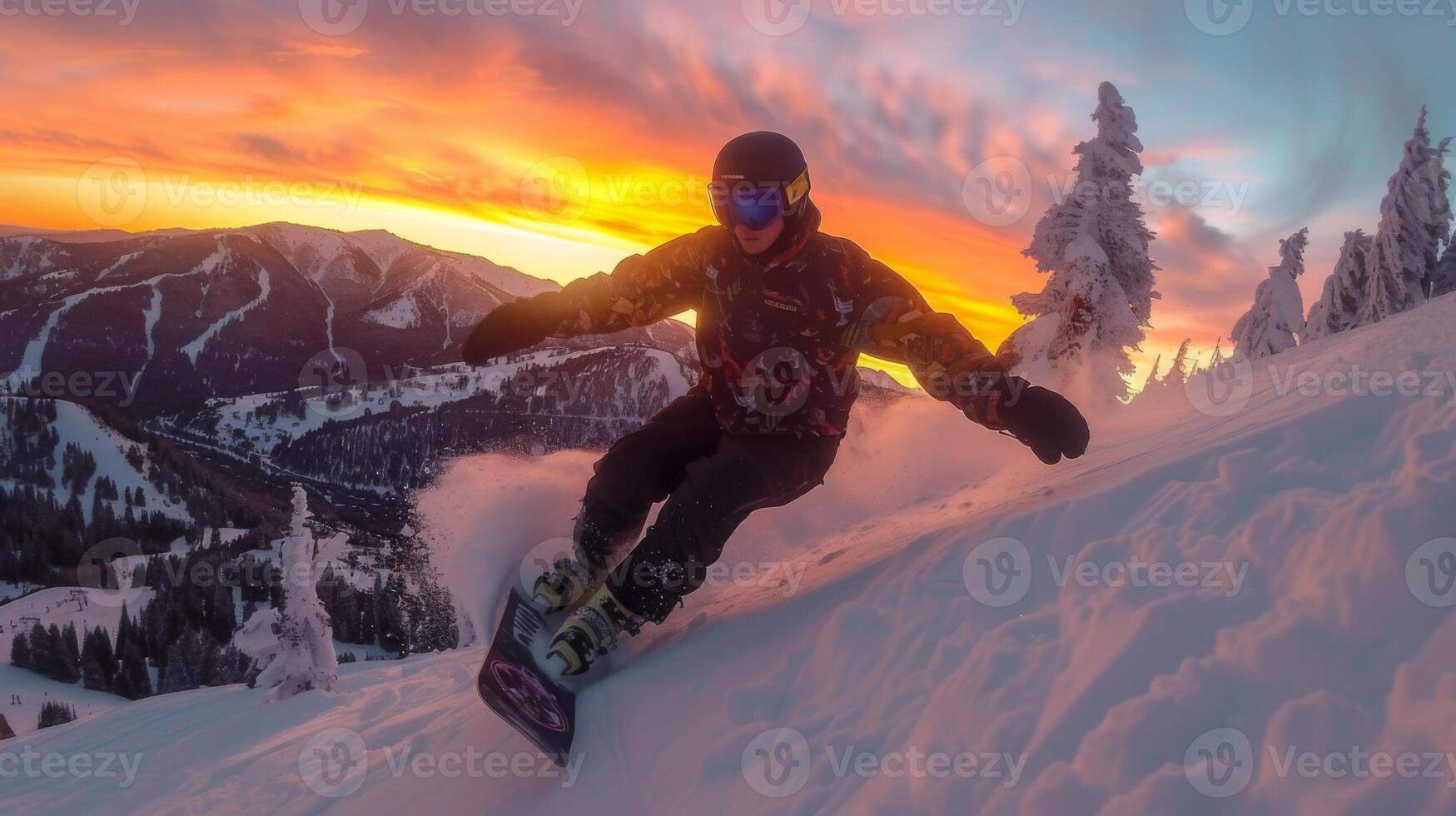 A snowboarder skillfully rides down a snowy mountain slope during a breathtaking sunset, surrounded by the serene beauty of winter landscapes and pine trees. photo