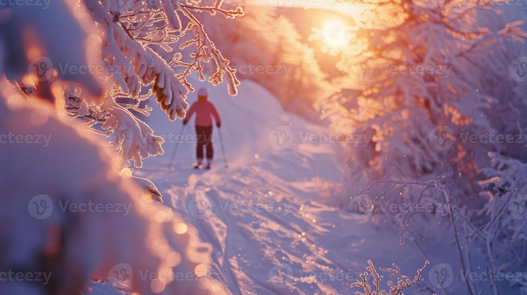A skier navigates a snowy trail surrounded by frosty trees as the sun sets, casting a warm glow on the winter landscape and creating a tranquil atmosphere. photo