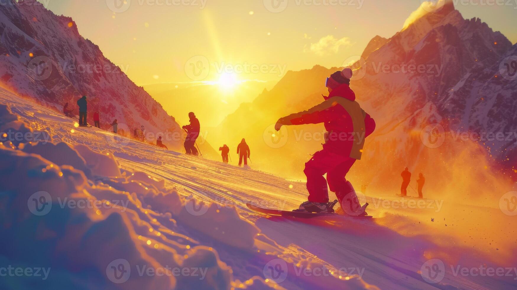 Skiers glide down snow covered slopes as the sun sets behind the majestic mountains, casting vibrant hues across the winter landscape and creating a lively atmosphere. photo