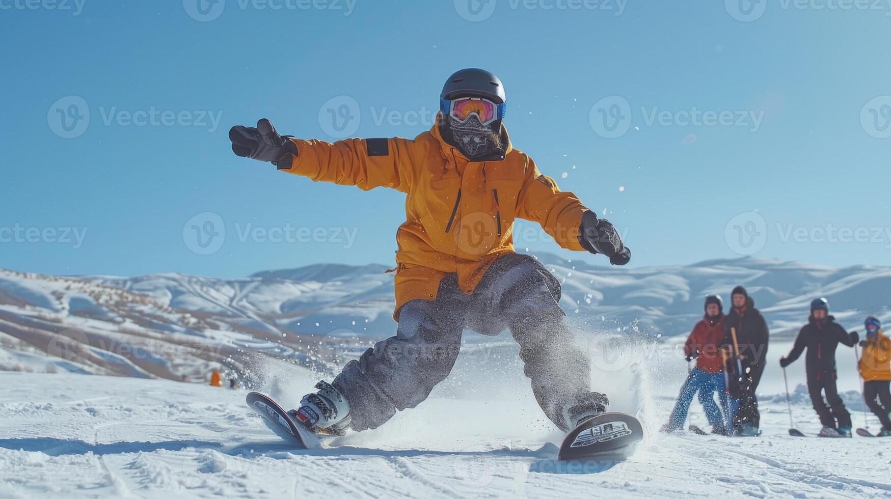 A snowboarder wearing a vibrant orange jacket skillfully maneuvers down a snowy slope under a clear blue sky in a mountainous region, while onlookers enjoy the winter day. photo
