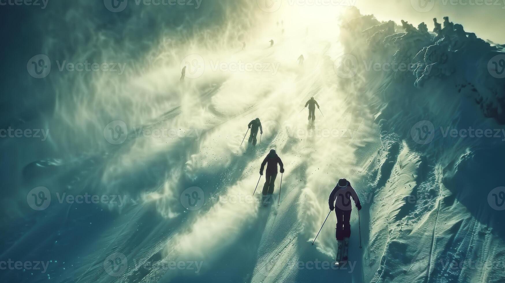 Group of skiers descends a snowy mountain trail, shrouded in mist, with sunlight filtering through the fog, creating a magical winter atmosphere in a remote area. photo