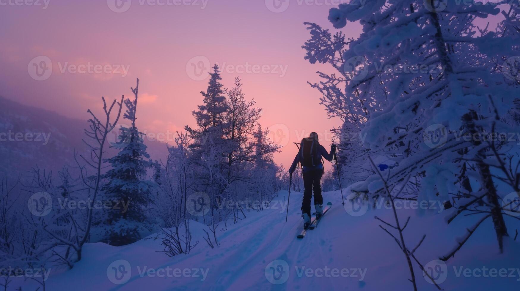 A skier moves gracefully along a snow covered path in a tranquil forest, surrounded by tall trees and a stunning dusk sky showcasing vibrant pink and purple hues. photo