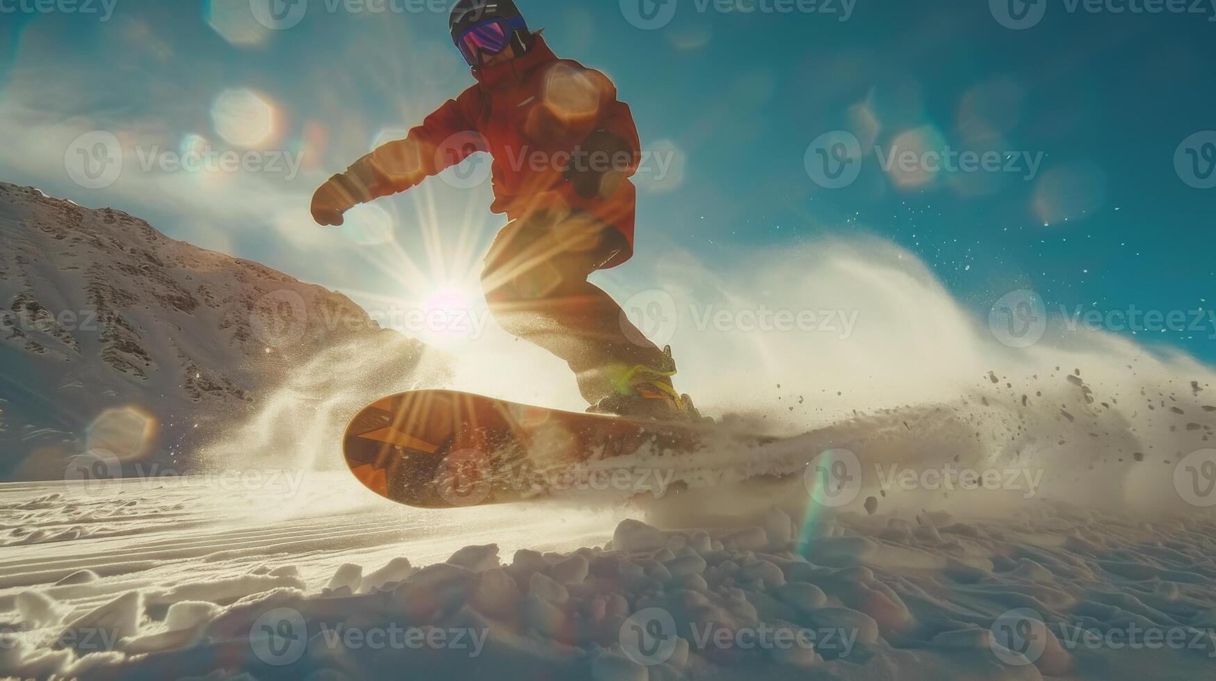 A snowboarder carves through fresh powder snow on an alpine slope, sunlight glinting off the snow and creating a mesmerizing atmosphere in the crisp winter air. photo