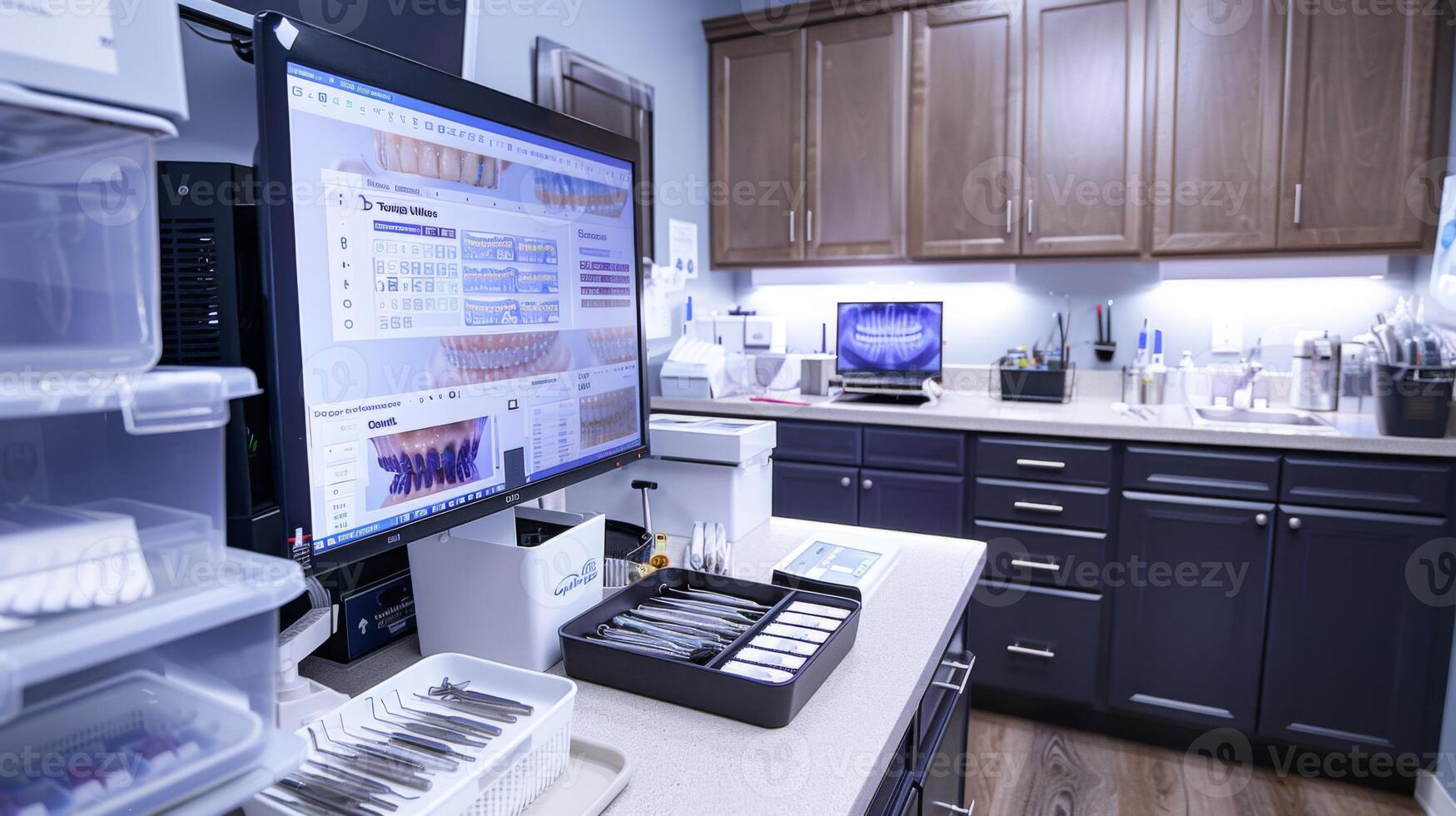 A dental laboratory features a large monitor displaying charts and images. Tools and instruments are neatly arranged in trays, ensuring a clean and efficient work environment. photo