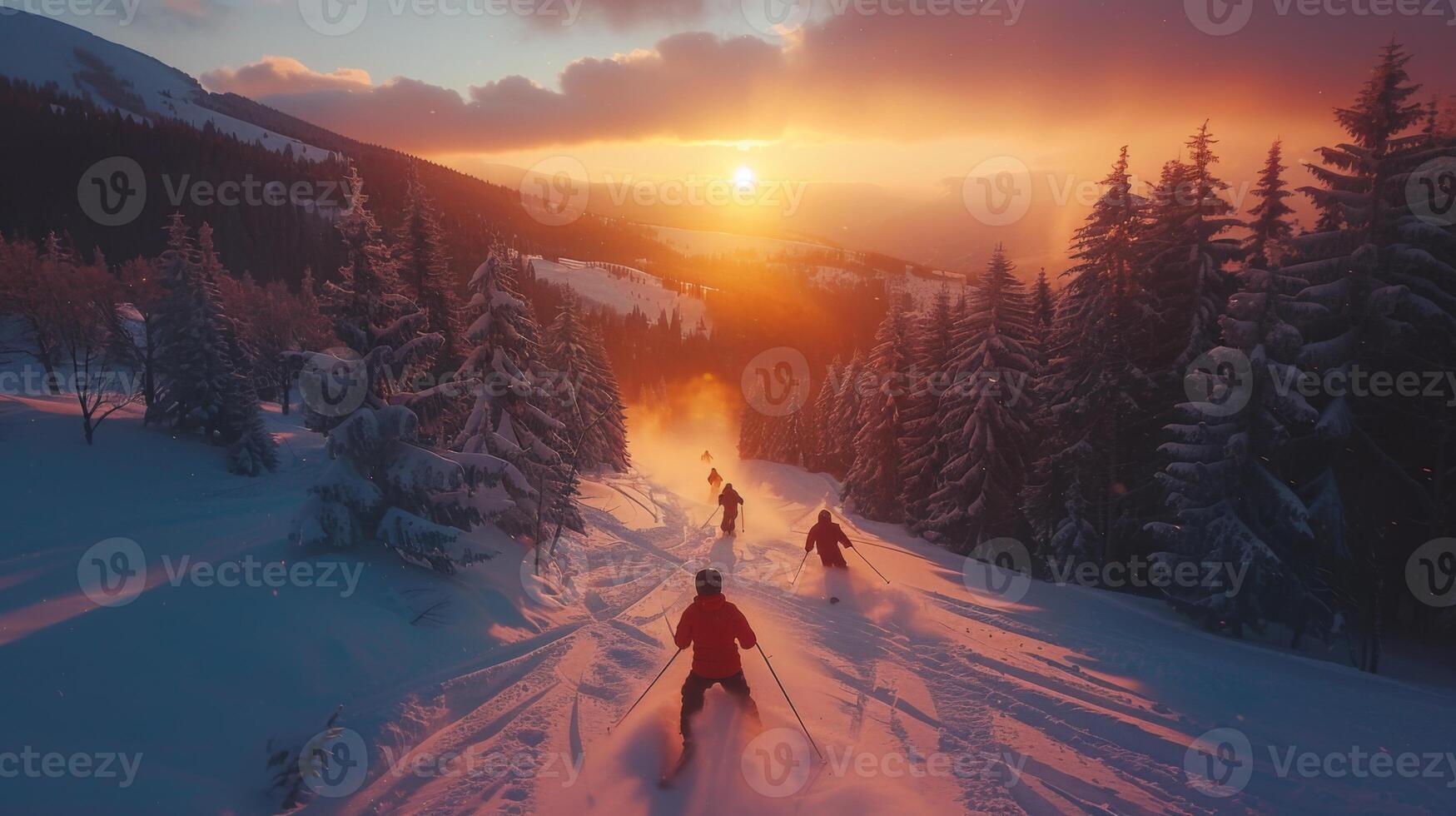 Four skiers carve through untouched snow as the sun sets behind the mountains, creating a breathtaking view filled with warm colors and a serene winter atmosphere. photo