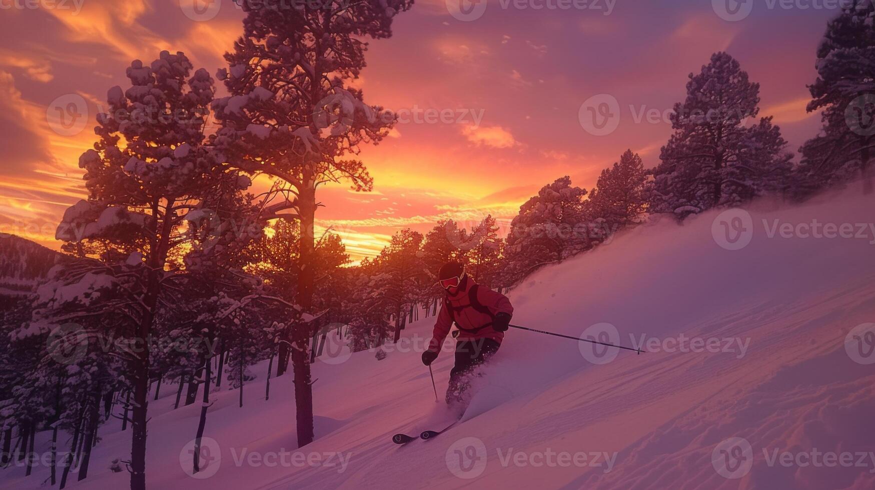 A skier skillfully navigates down a snow covered slope, surrounded by towering pine trees as a vibrant sunset paints the sky in hues of orange and purple, creating a stunning winter environment. photo