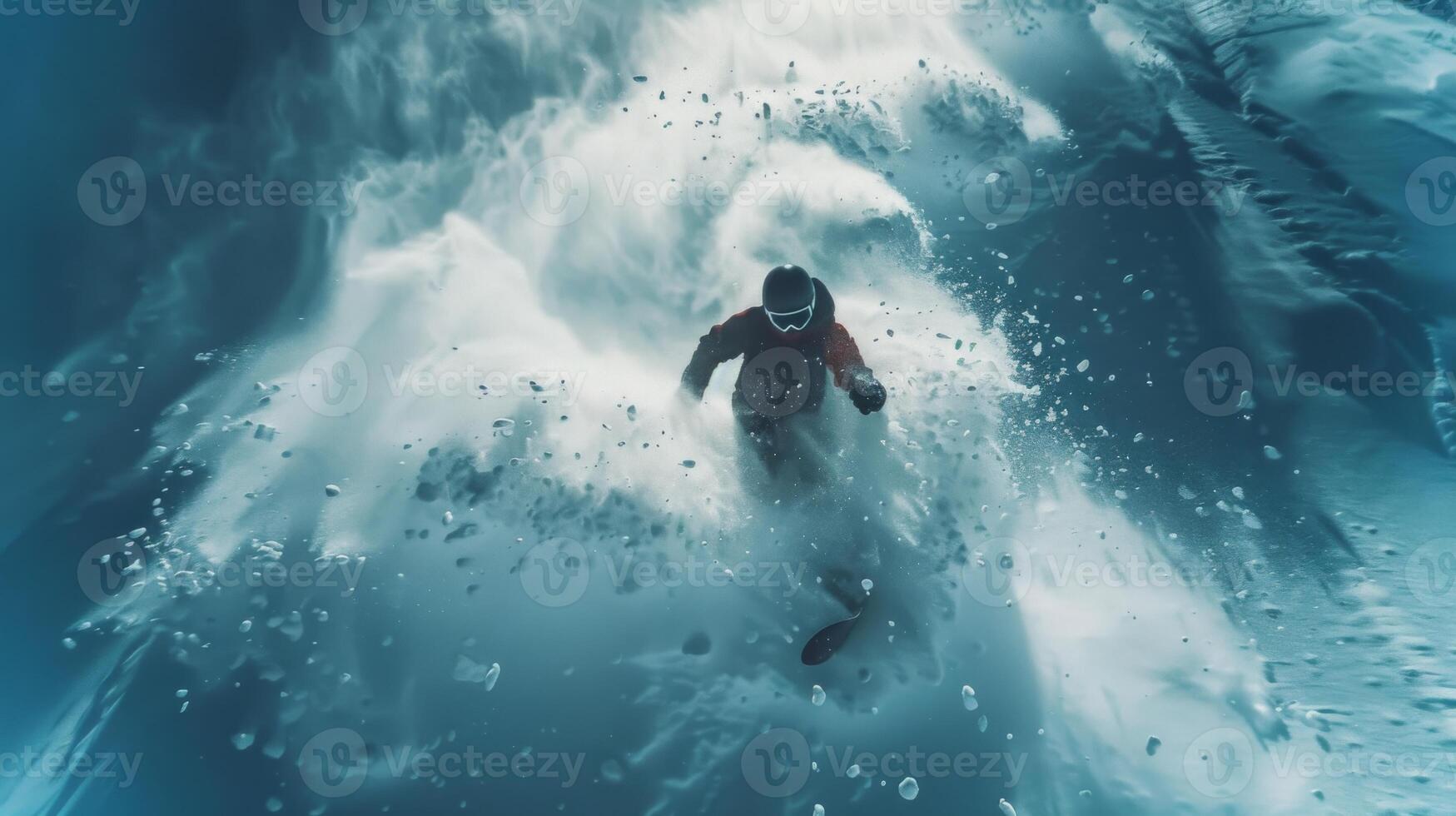 A skier carves through deep powder snow, kicking up clouds of snowflakes in a sunlit mountain setting, showcasing the thrill of winter sports and natural beauty. photo