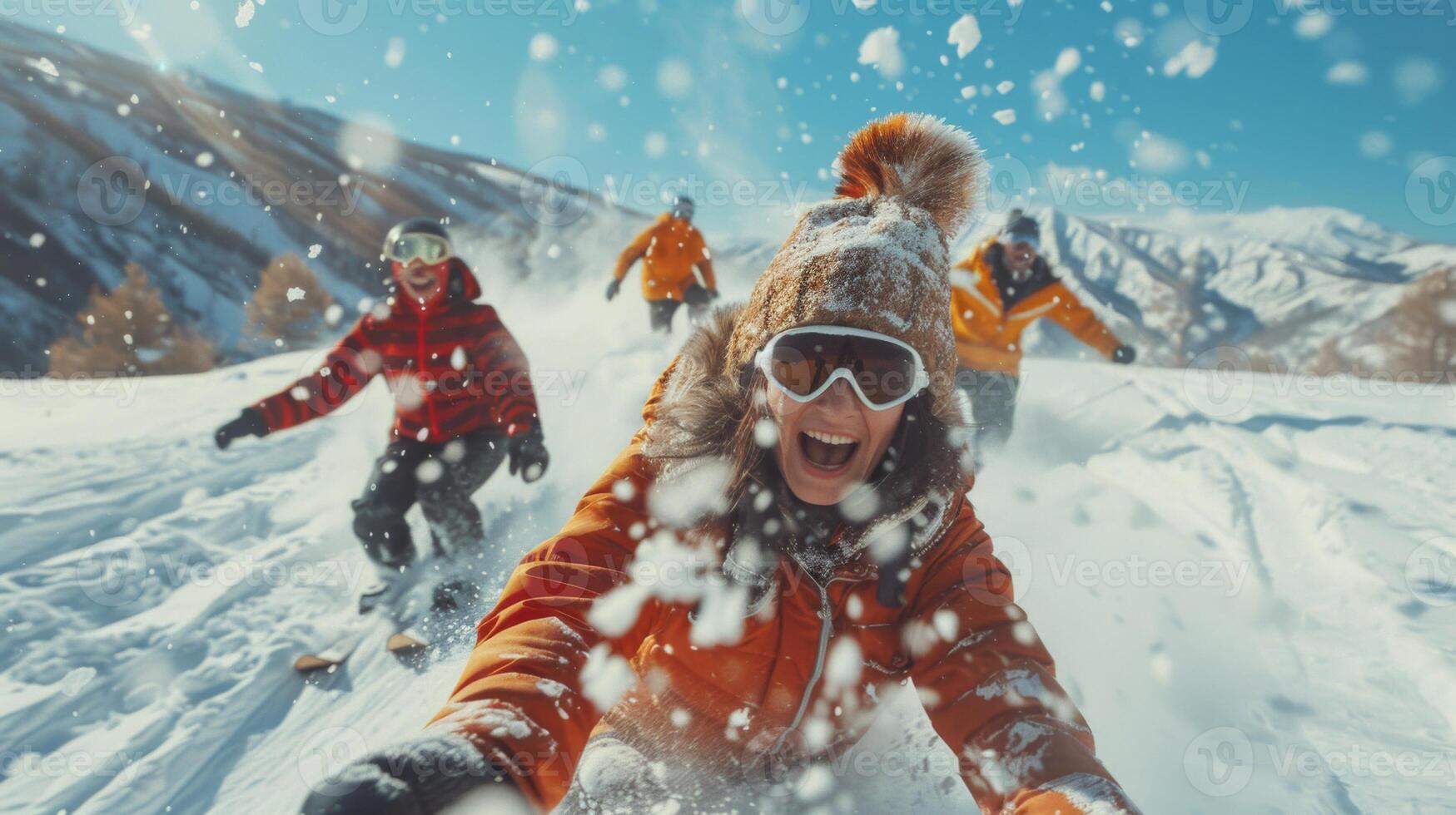 Friends are skiing down a snowy slope on a bright day, laughing and enjoying the thrill of winter sports amidst scenic mountain views. photo