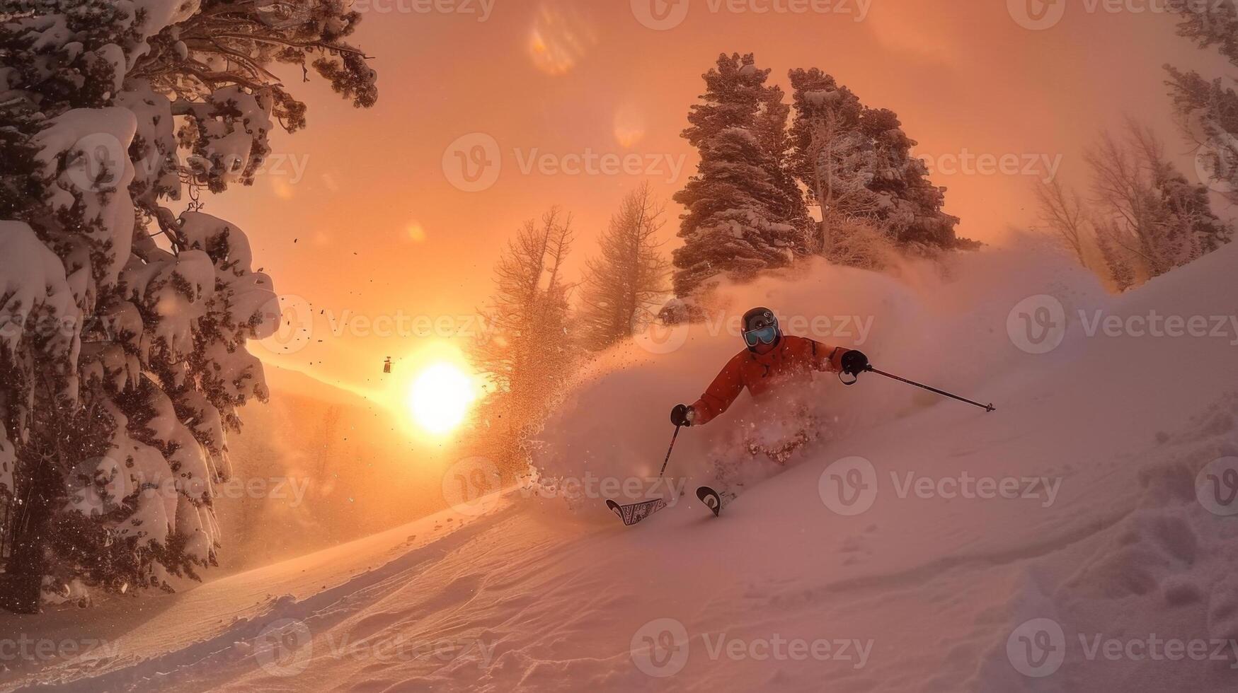 A snowboarder skillfully navigates deep snow as the sun sets, casting a warm glow over a wintry landscape filled with trees and a captivating orange sky photo