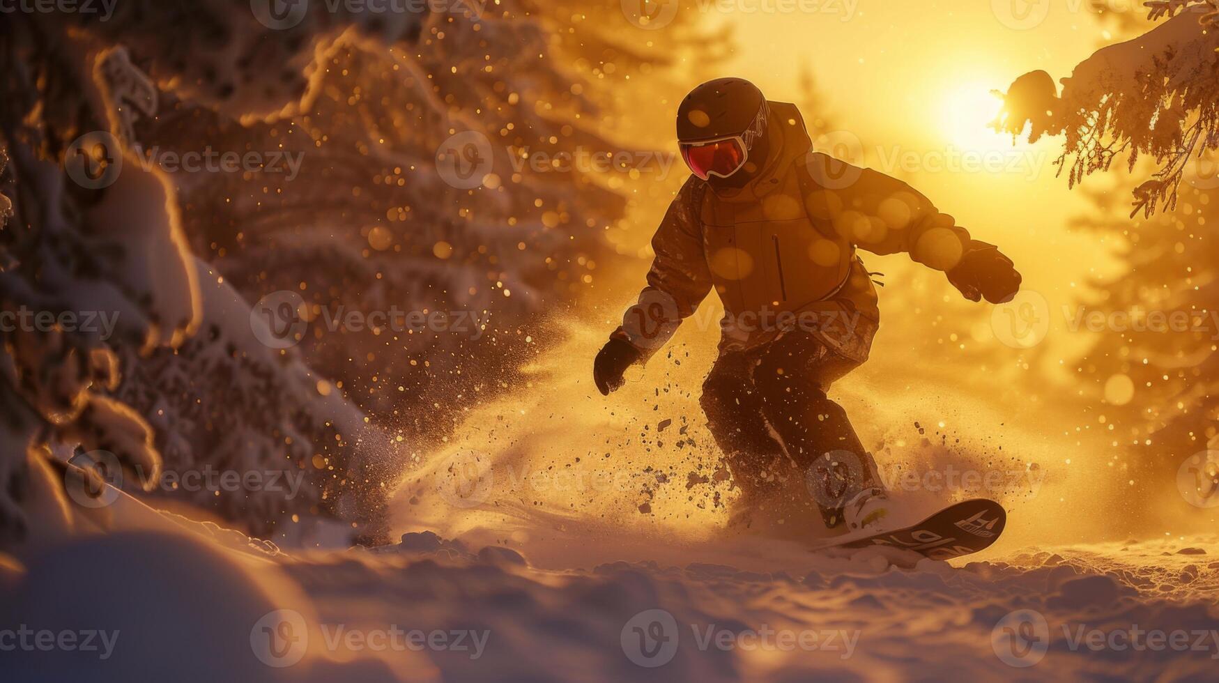 A skilled snowboarder carves through powdery snow, surrounded by snow laden trees as the sun sets, casting a warm golden glow on the scene, embodying winters beauty and adventure. photo