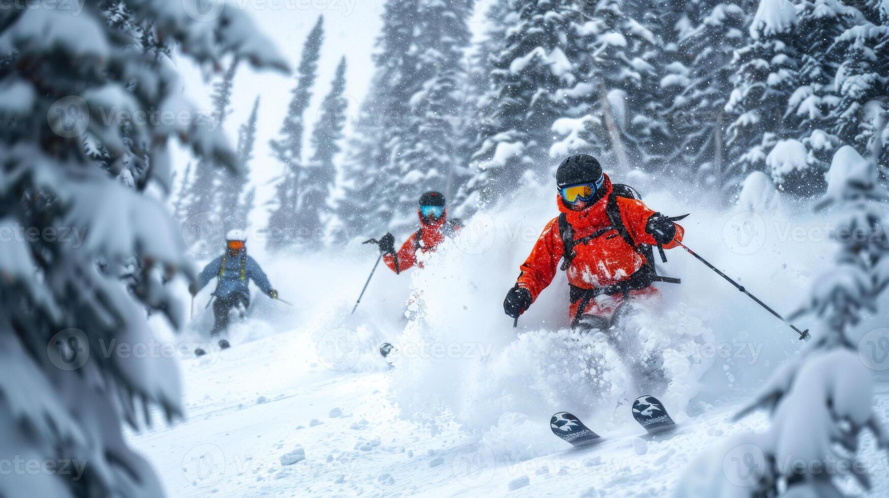Skiers in bright orange gear navigate through deep snow amidst towering trees on a winter day, enjoying the thrill of the cold mountain slopes. photo