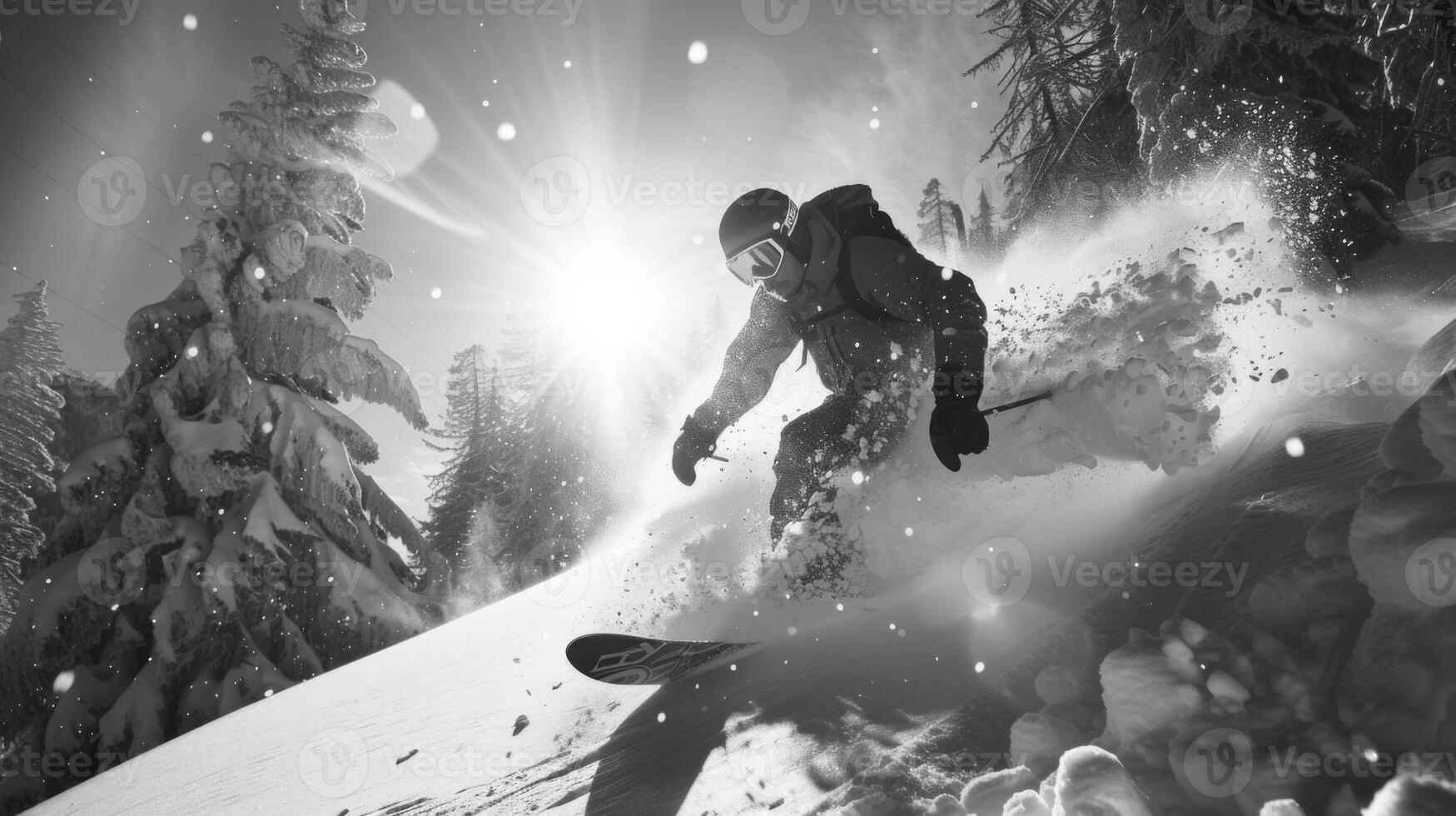A skier is skillfully navigating down a snow covered slope, surrounded by pine trees, as sunlight glimmers through the branches on a clear winter afternoon. photo